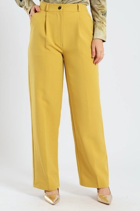 Covered Button Wide Leg Pants - Mustard Relaxed Look Breathable mesh lining