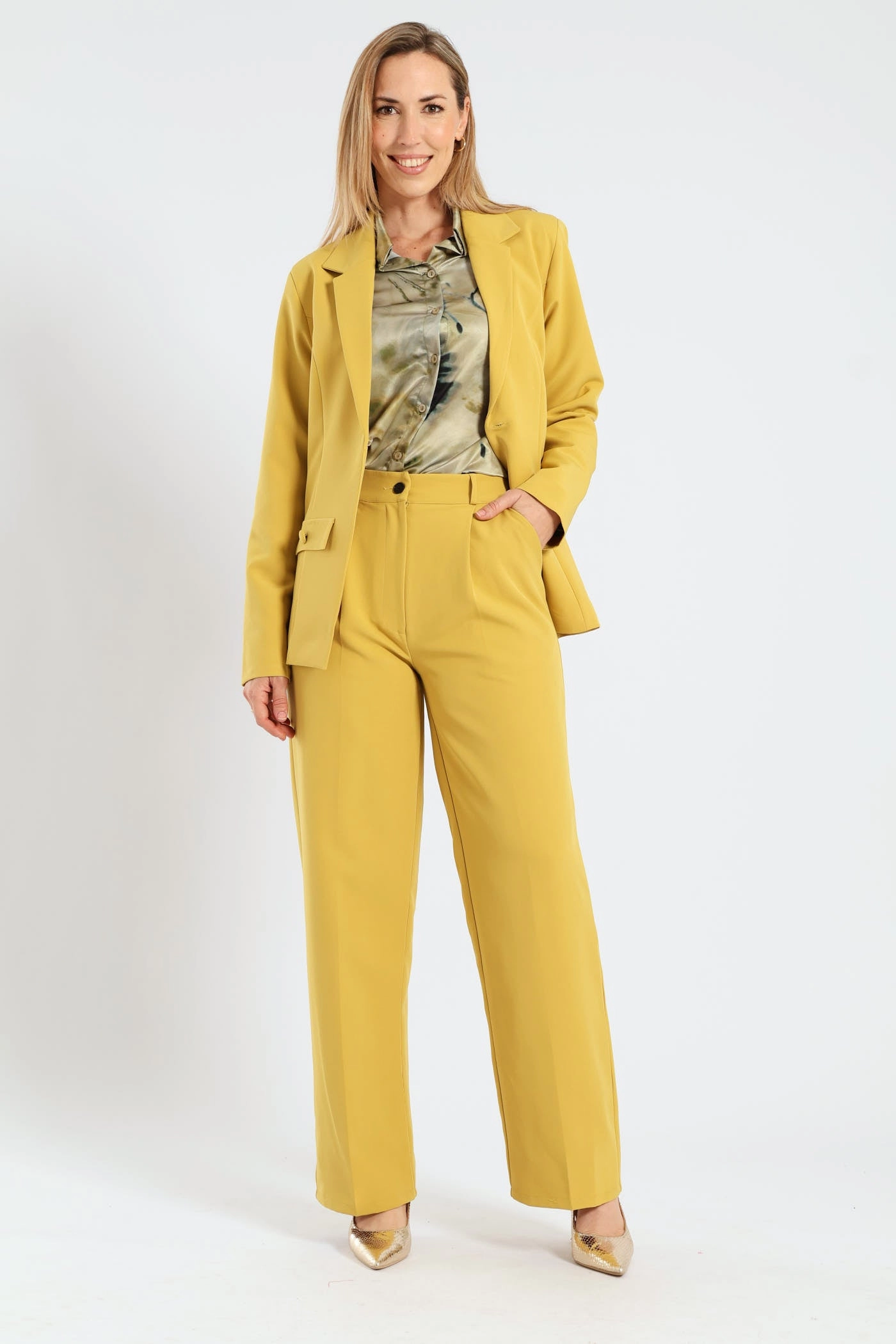 Covered Button Wide Leg Pants - Mustard Soft Waist Seam-Free