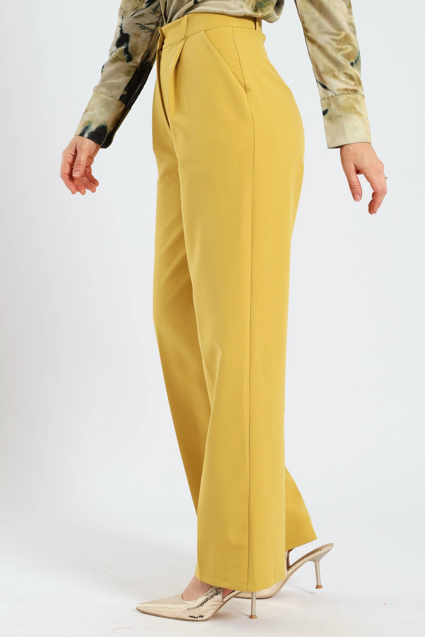 Covered Button Wide Leg Pants - Mustard Timeless Comfort Wear Quick Change
