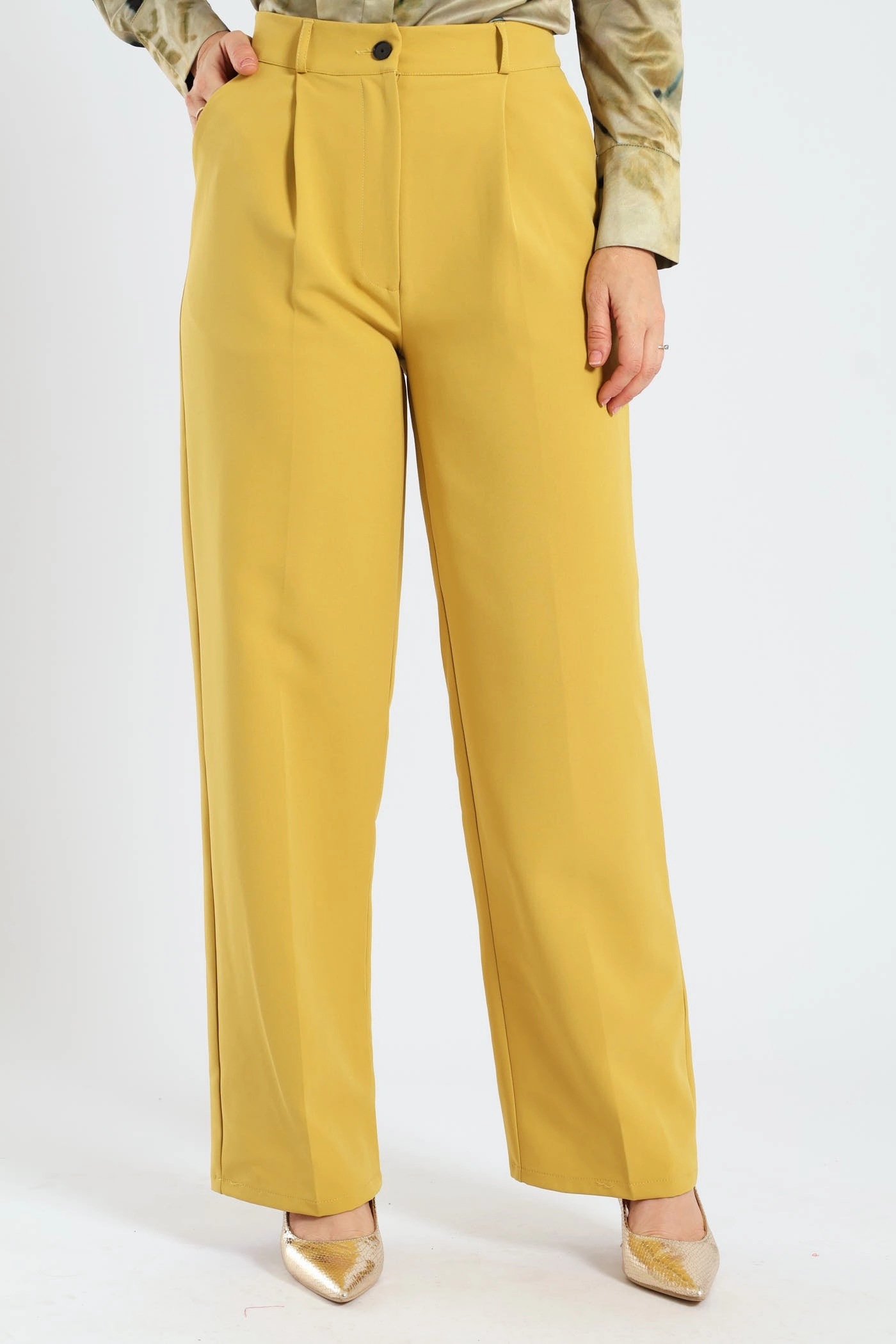 Covered Button Wide Leg Pants - Mustard Relaxed Look Breathable mesh lining
