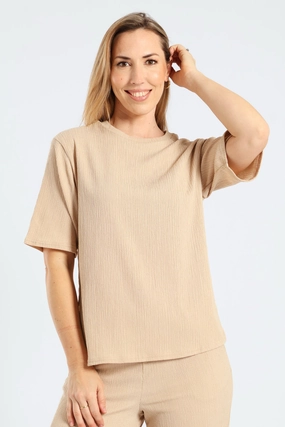 Side Slit Relaxed Oversized Crinkle Tee - Stone Cool Fabric