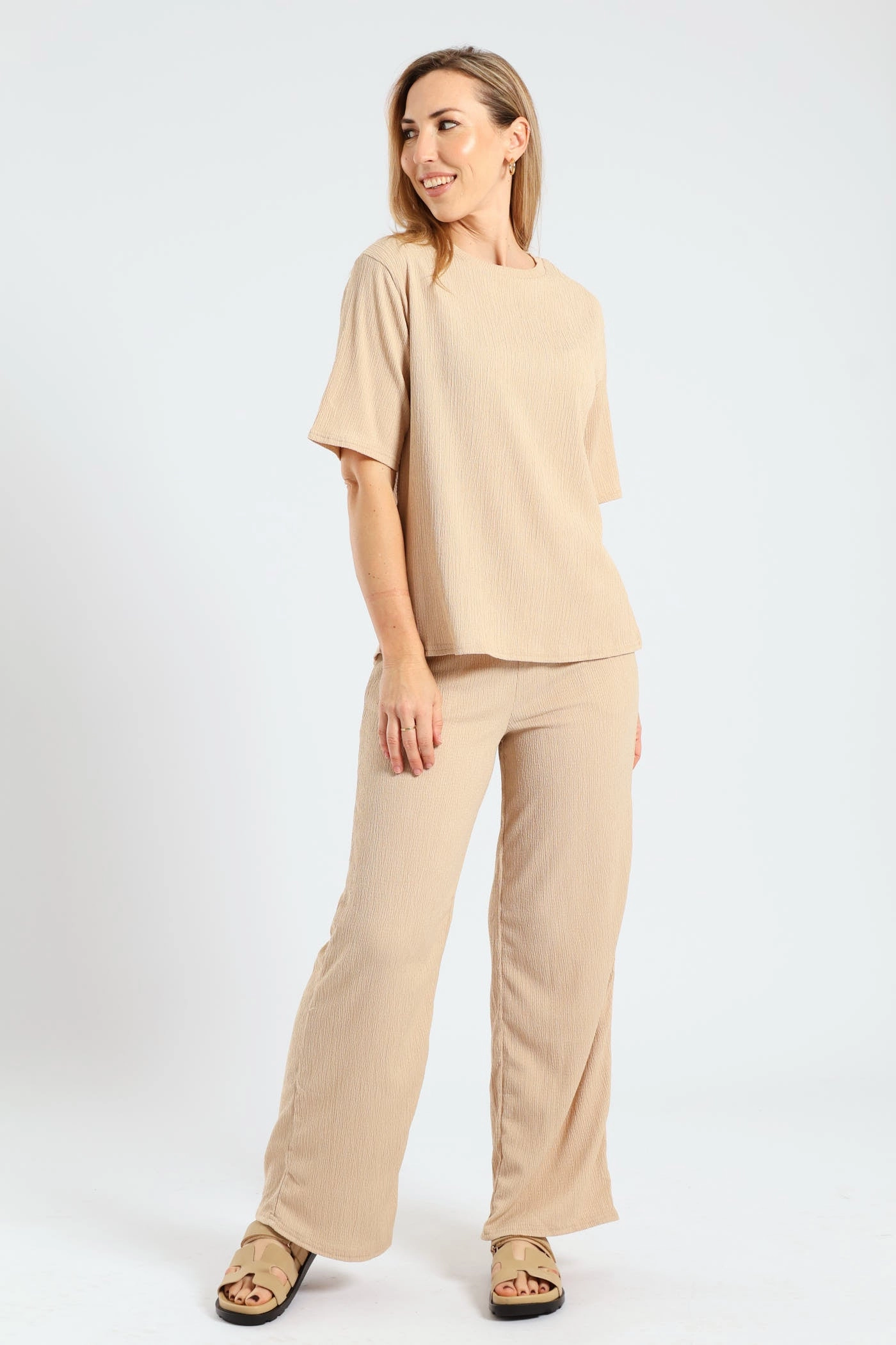 Side Slit Relaxed Oversized Crinkle Tee - Stone PuckerFree Surface
