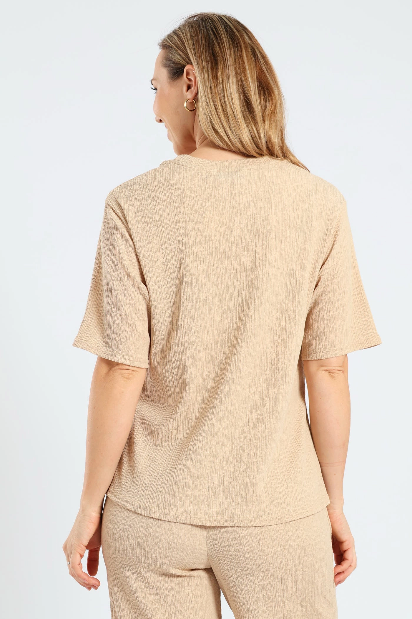 Side Slit Relaxed Oversized Crinkle Tee - Stone Tagless Labeling