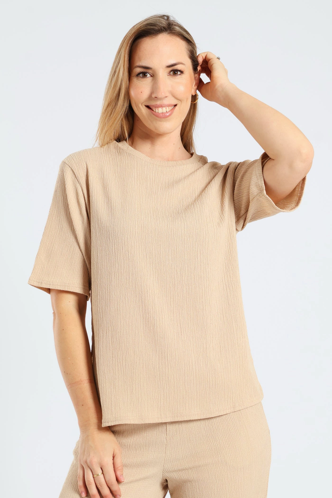 Side Slit Relaxed Oversized Crinkle Tee - Stone Cool Fabric