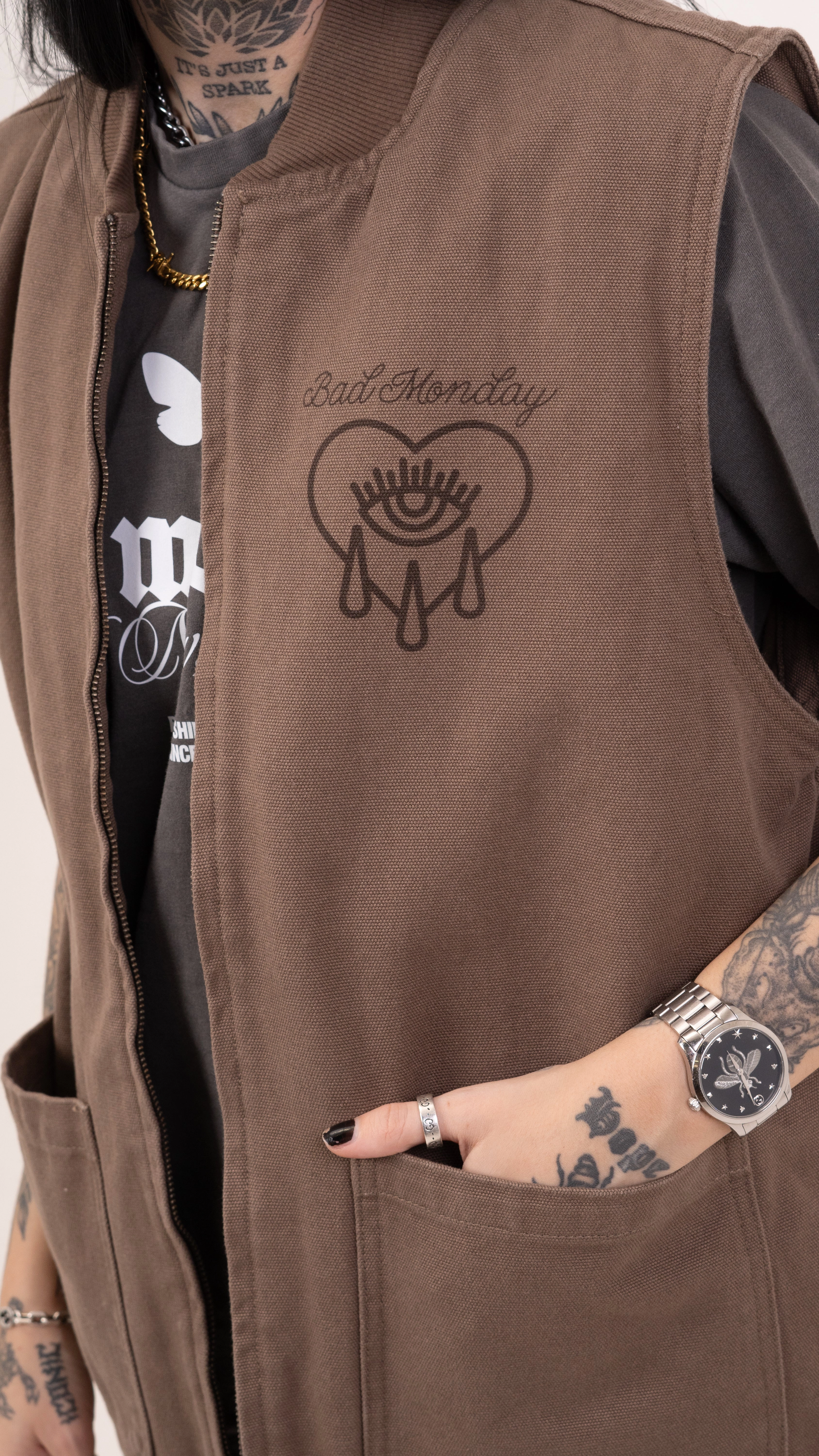 Lightweight Shell Utility Inspired Look CH Canvas Vest Jacket Walnut