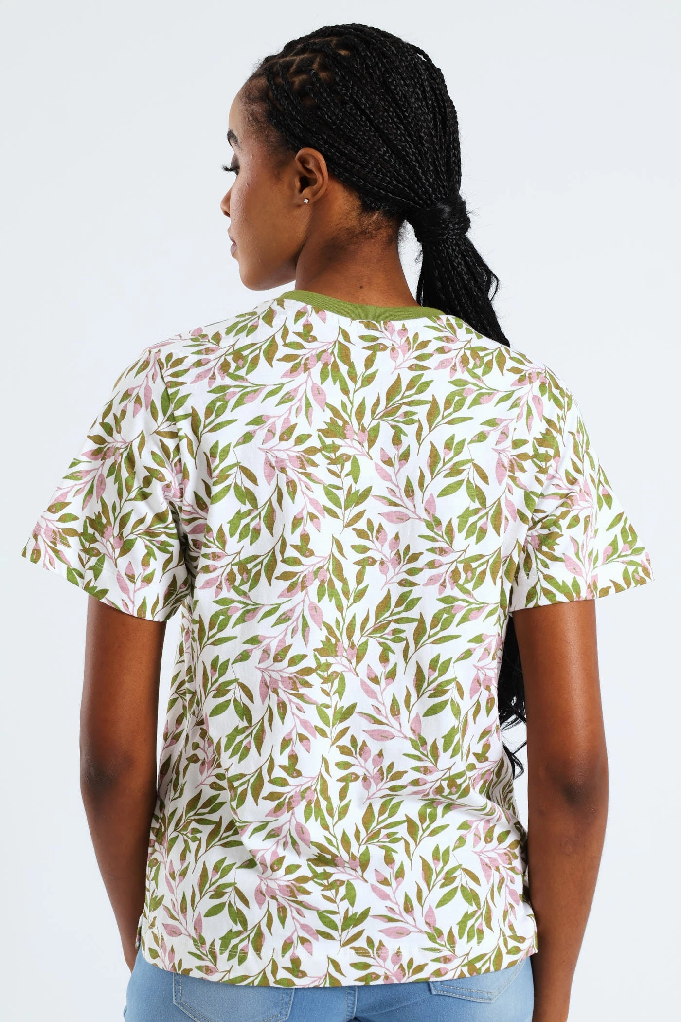 Elasticized Waistband Abstract Tropical Leaf Print Plain Rib Boxy Tee - Chartreuse