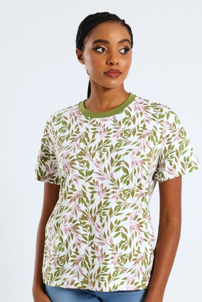 Abstract Tropical Leaf Print Plain Rib Boxy Tee - Chartreuse Casual Style Fitted Shirt