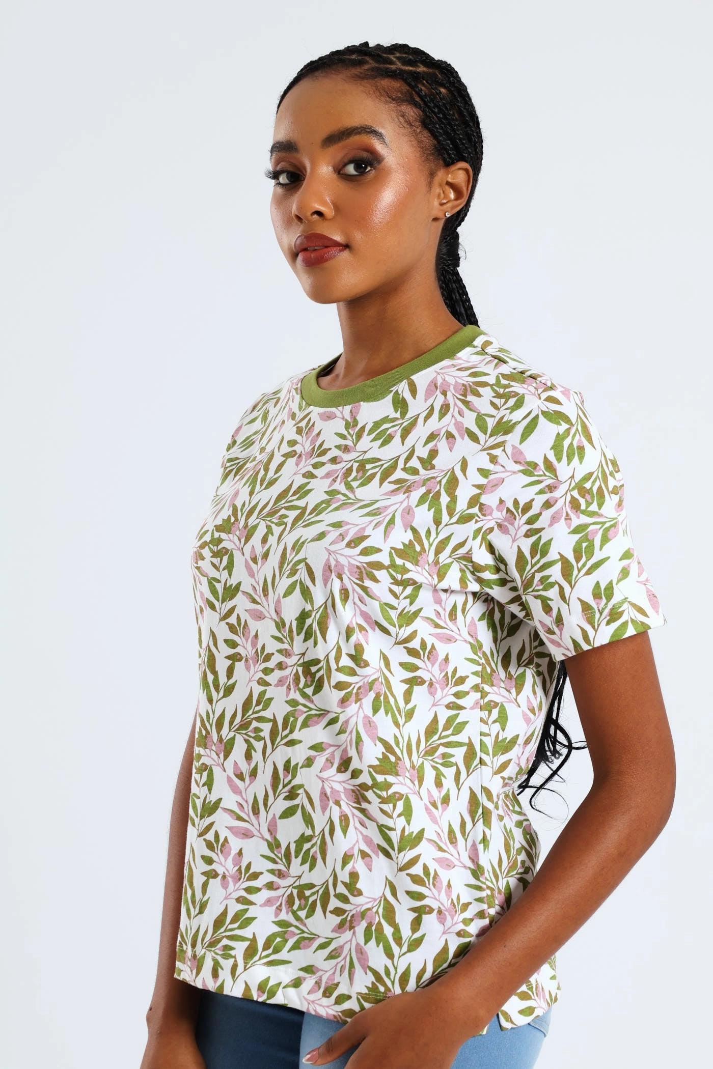 MinimalistSilhouette Abstract Tropical Leaf Print Plain Rib Boxy Tee - Chartreuse