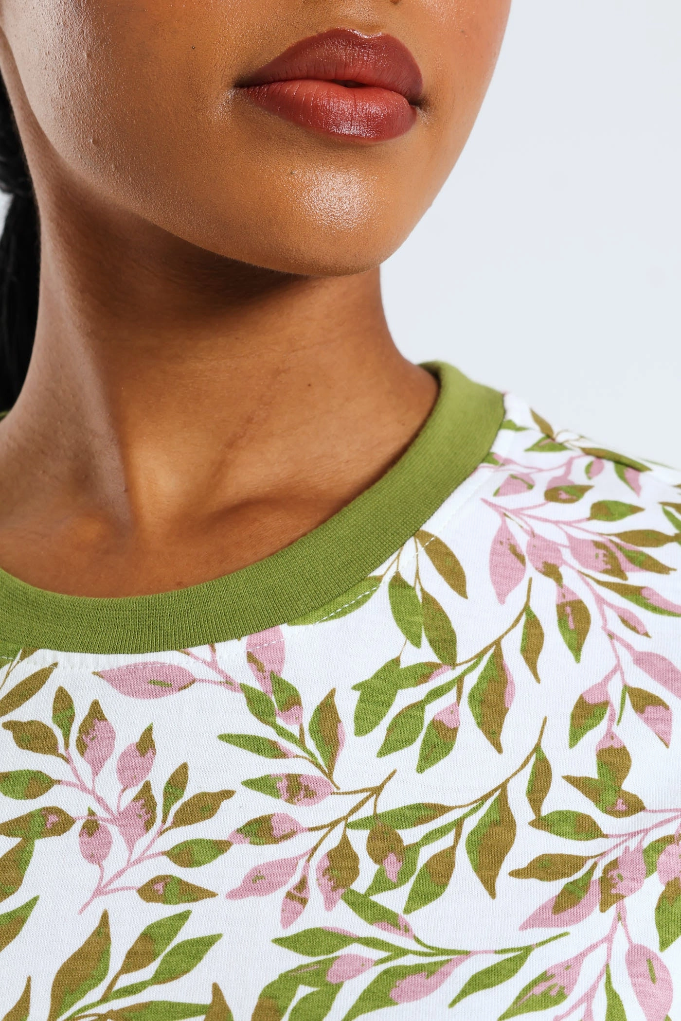 Flexible Knit Fabric AdjustableDrawstring Abstract Tropical Leaf Print Plain Rib Boxy Tee - Chartreuse