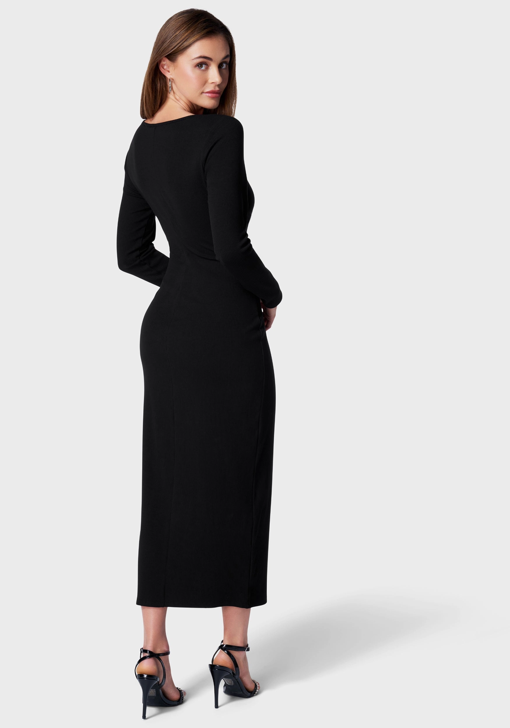 Light Shape Rib Square Neck Long Sleeve Dress