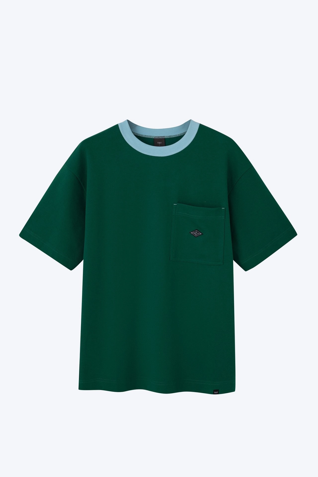 Rolled Hem Detailing Structured Shoulder (B) Boxy Twill Jersey Contrast Collar Tee - Grass Green