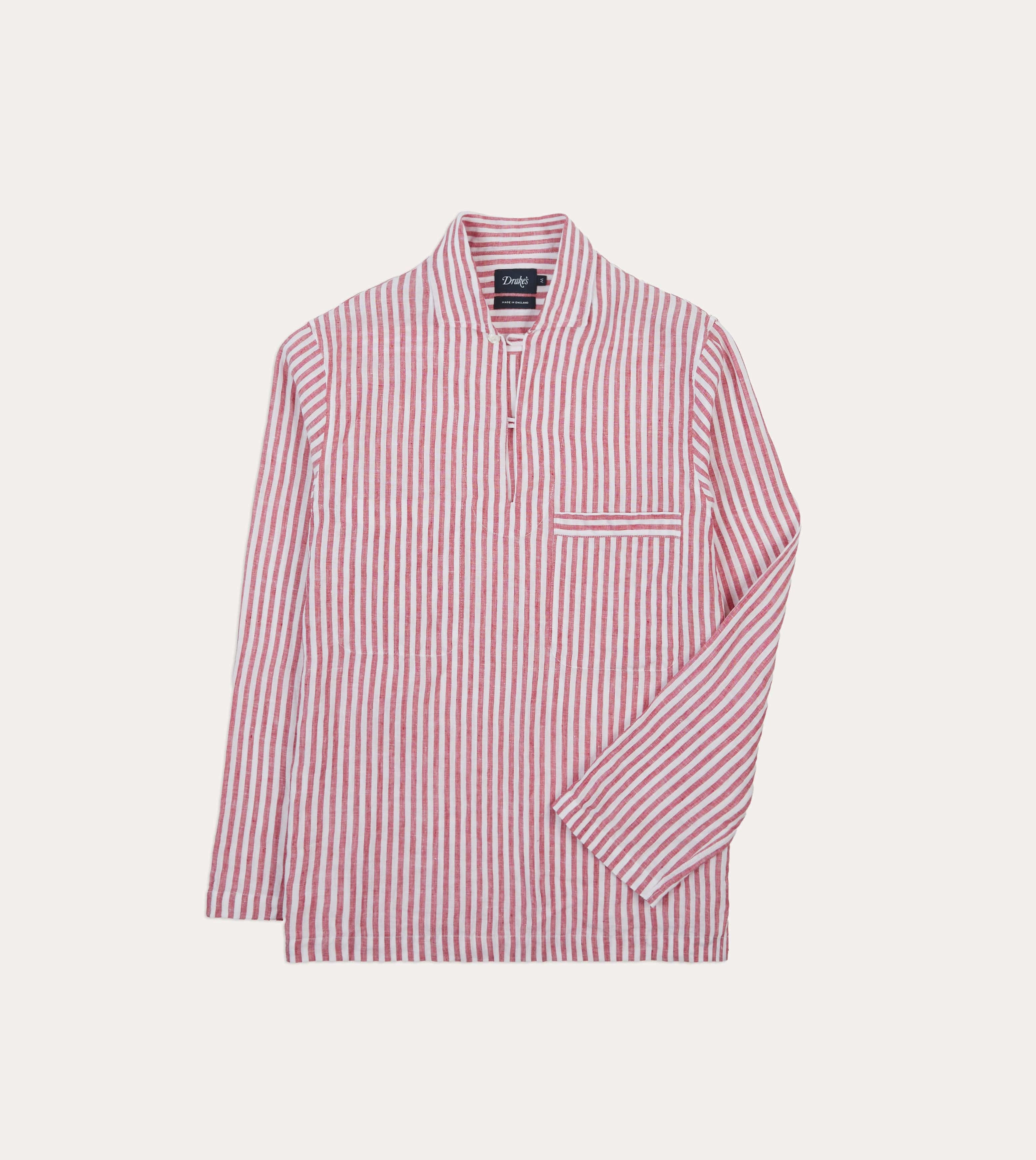 Anti Pilling Finish Red Stripe Linen Smock Shirt