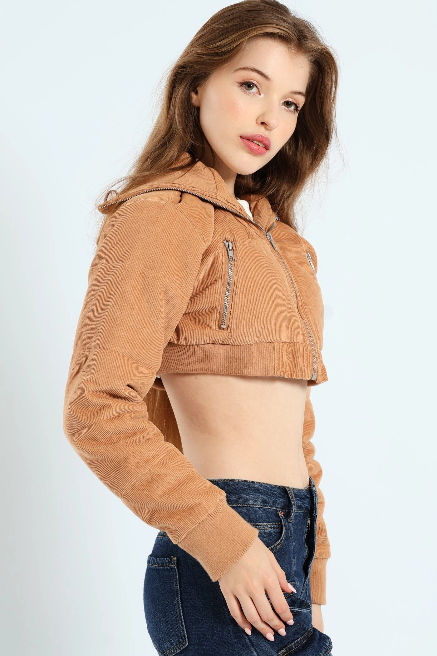 Cropped Corduroy Puffer Jacket - Camel Expandable Side Gussets Stand Collar