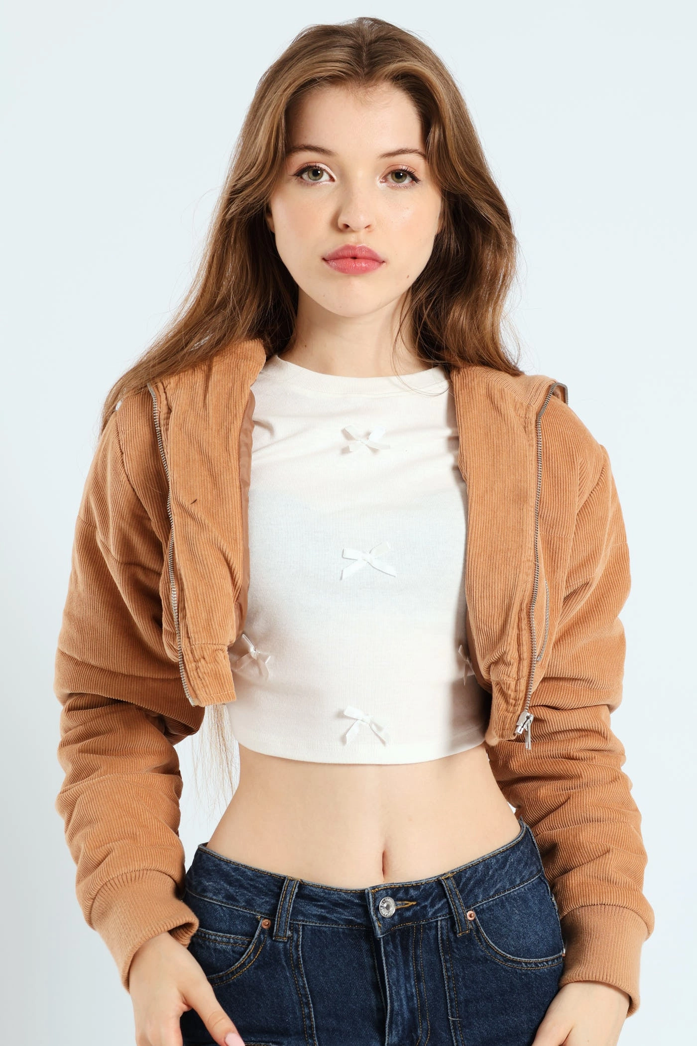 Autumn Vibe Recycled Material Cropped Corduroy Puffer Jacket - Camel