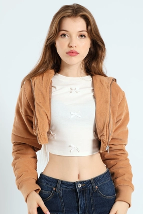 Autumn Vibe Recycled Material Cropped Corduroy Puffer Jacket - Camel