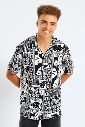Non-irritating Winter Layering Short Sleeve Viscose Block Leaf Shirt - Black/White