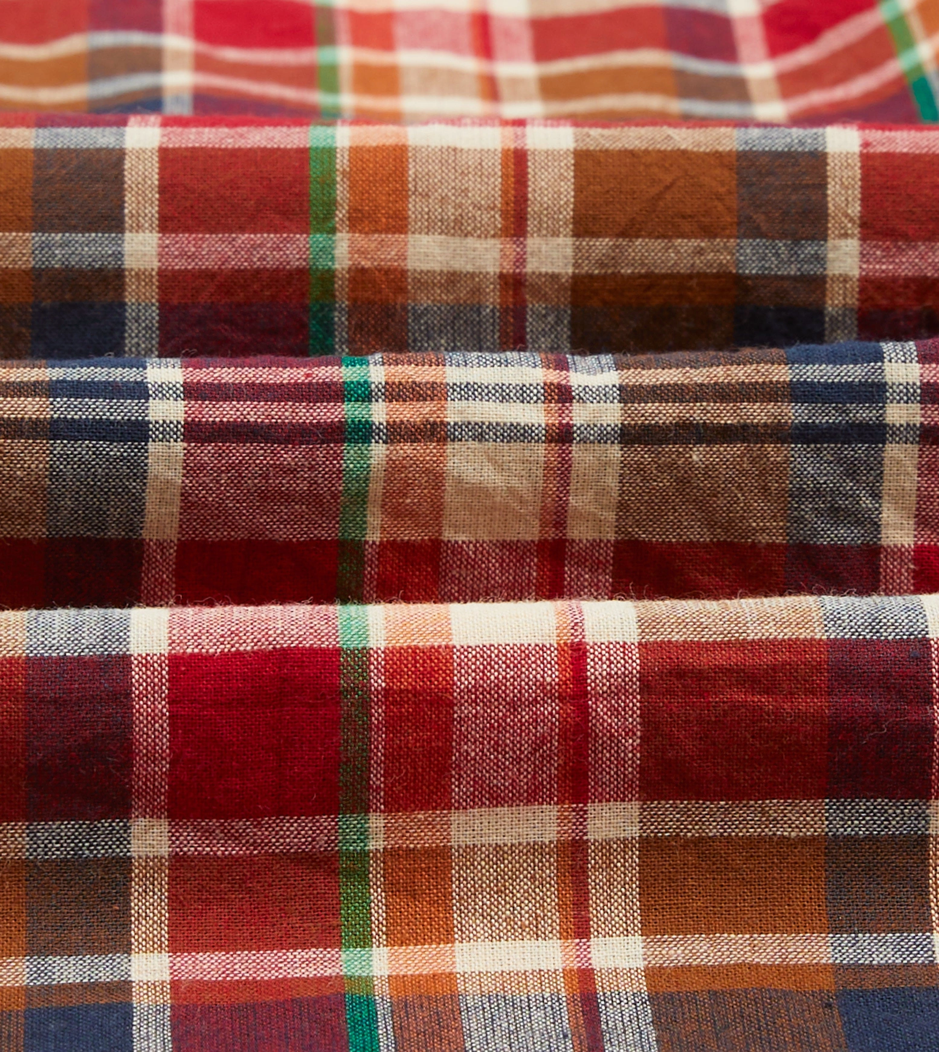 Brown, Navy and Red Madras Check Cotton Mandarin Collar Popover Shirt Wedding guest