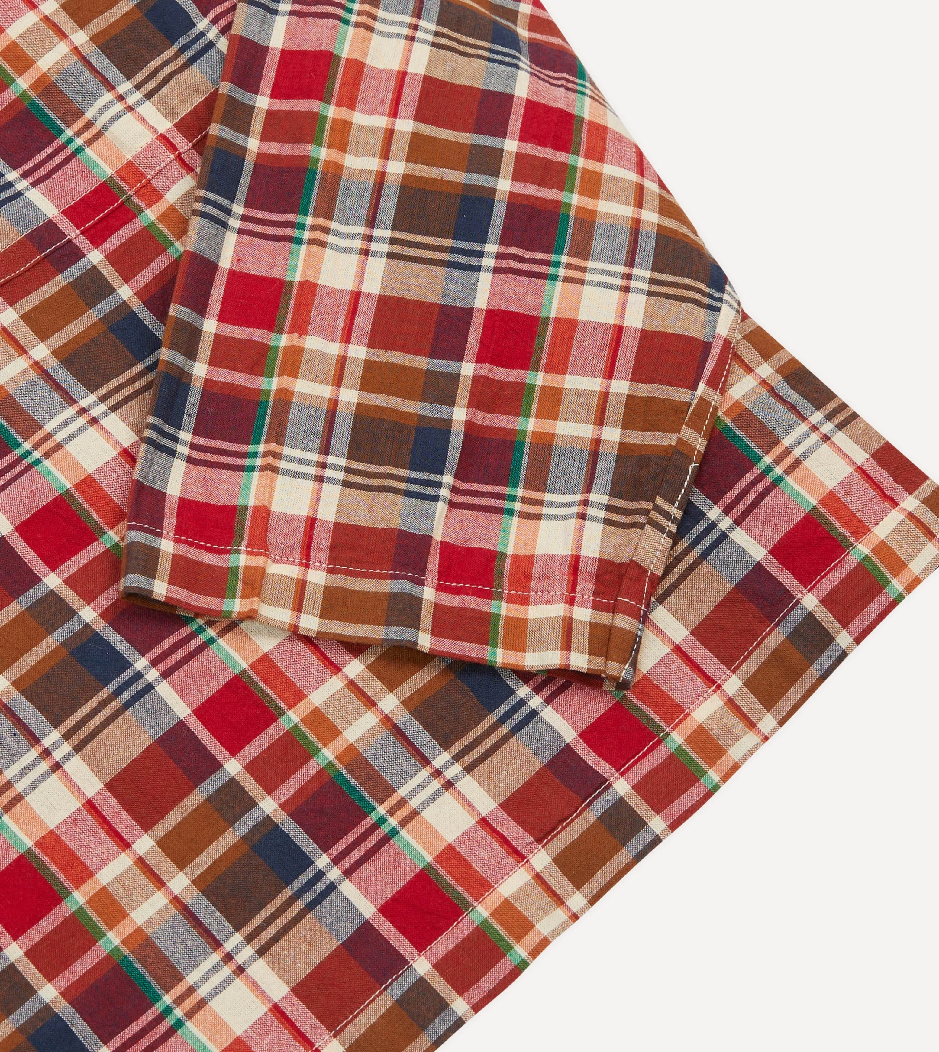 Spring Trend Vibrant color Brown, Navy and Red Madras Check Cotton Mandarin Collar Popover Shirt