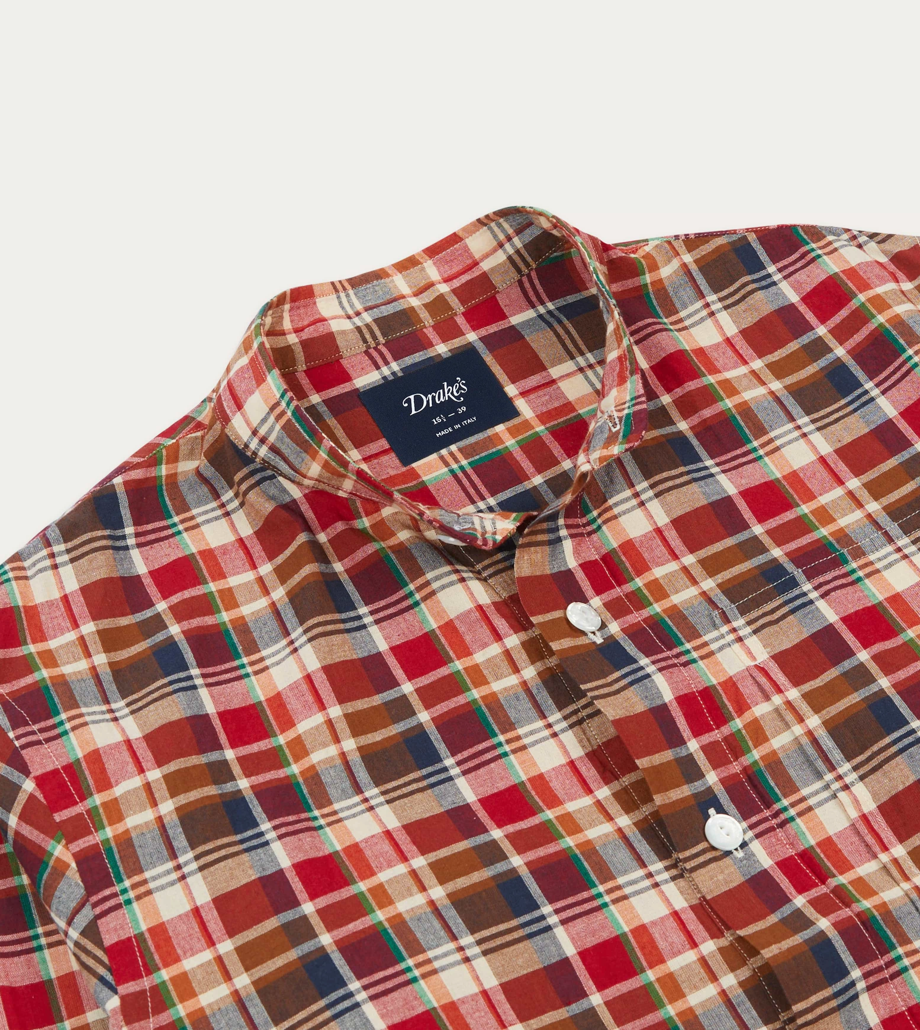 Non Restrictive Armhole Quick Dry Technology Brown, Navy and Red Madras Check Cotton Mandarin Collar Popover Shirt