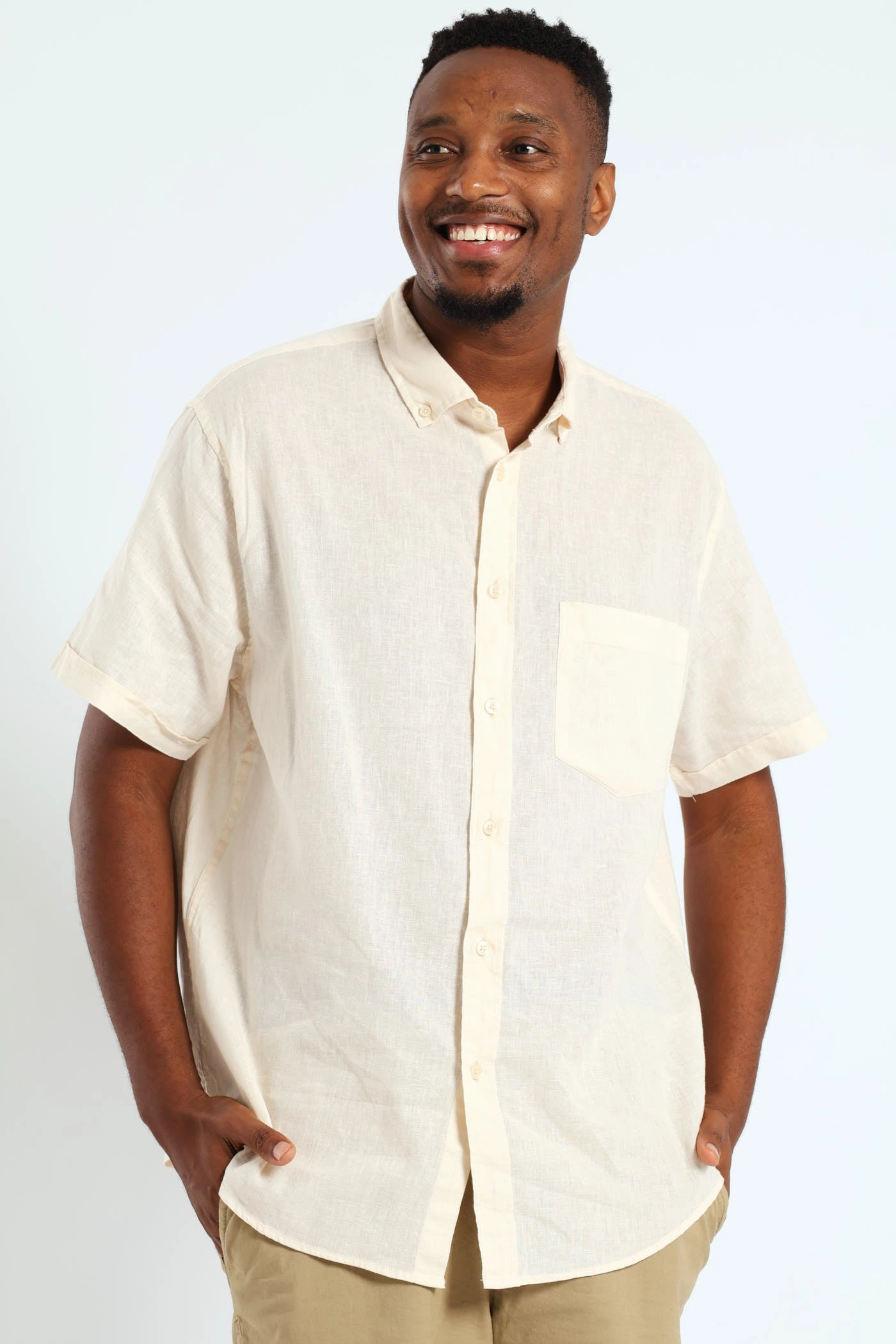 crew neck Buttondown Cotton Linen Slub Shirt - Stone