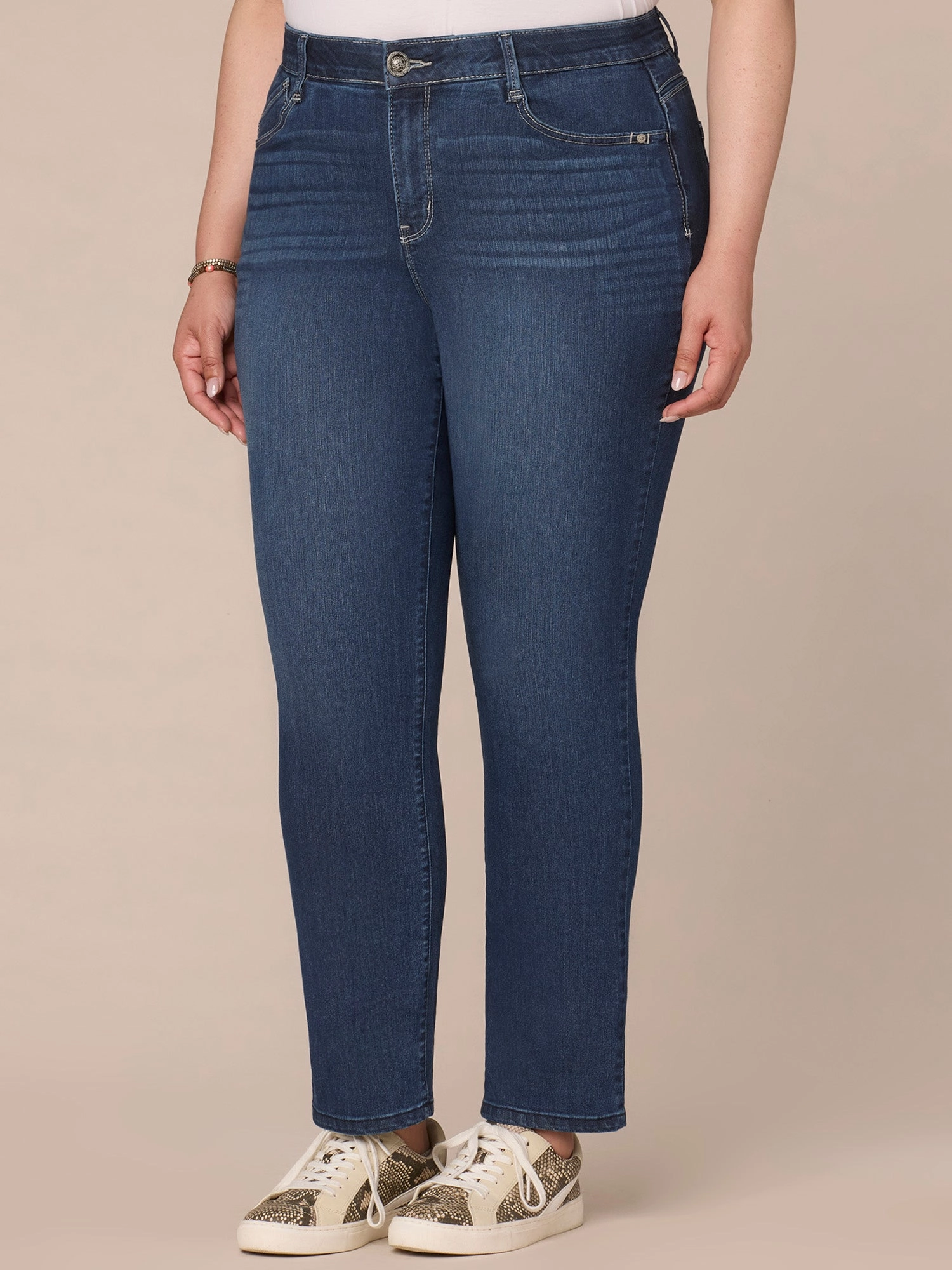 Neutral Casual Easy Outfit "Ab"solution? High Rise Straight Leg Plus Size Indigo Jeans