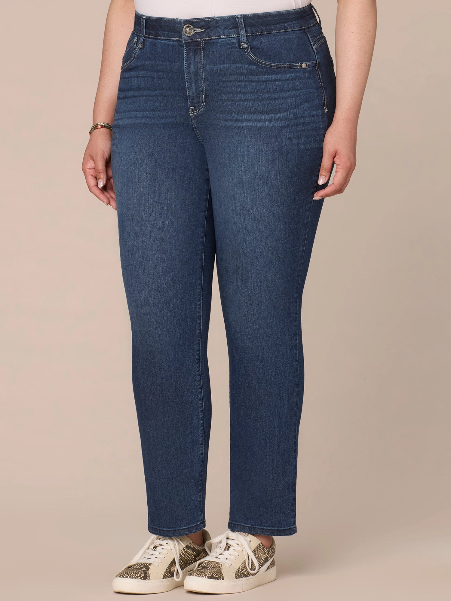 City Walk Casual Friday "Ab"solution? High Rise Straight Leg Plus Size Indigo Jeans