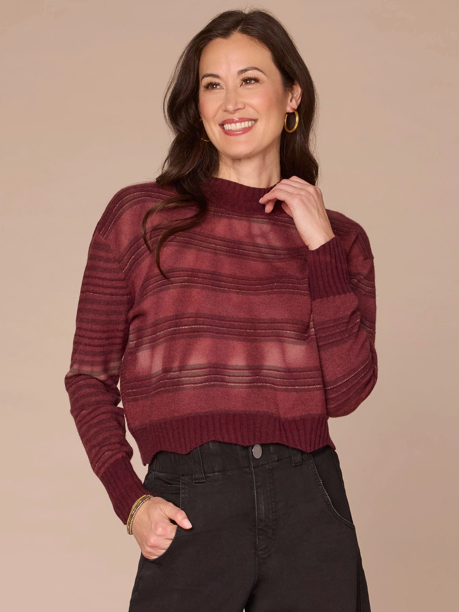 Long Sleeve Mock Neck Scallop Hem Striped Tie Dye Petite Sweater Classic Look