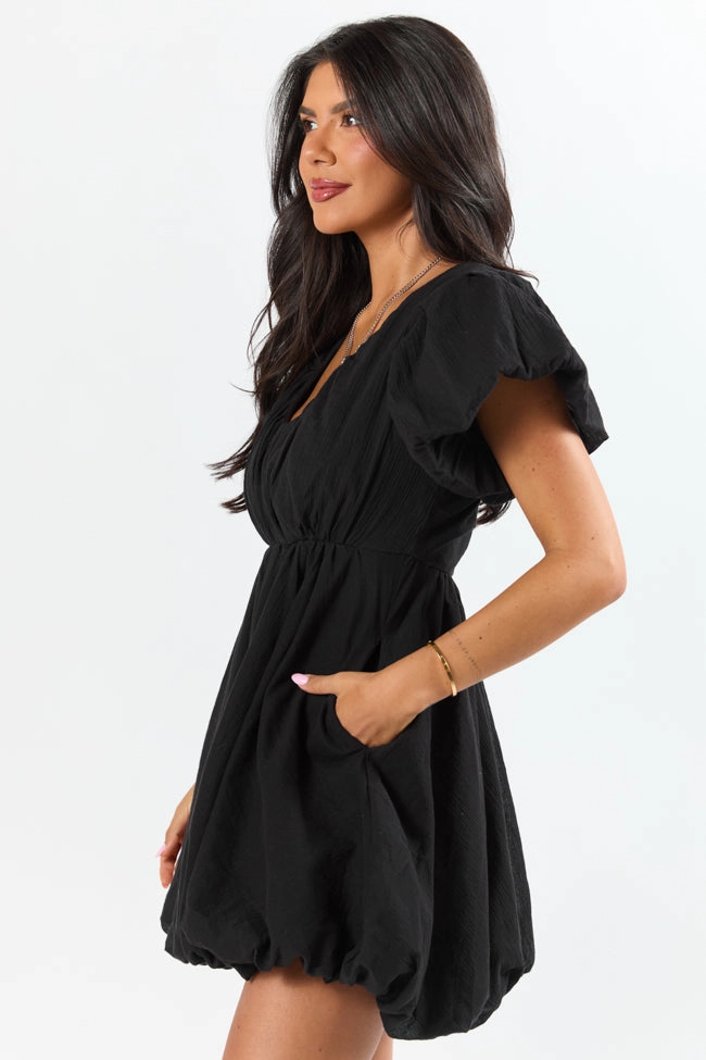 Side Tie Elegant Mature Almost Daylight Black Bubble Hem Mini Dress SALE