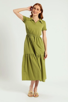 Fitted waist Classic Move Jonny Collar Tiered Cotton Combo Midaxi Dress - Olive