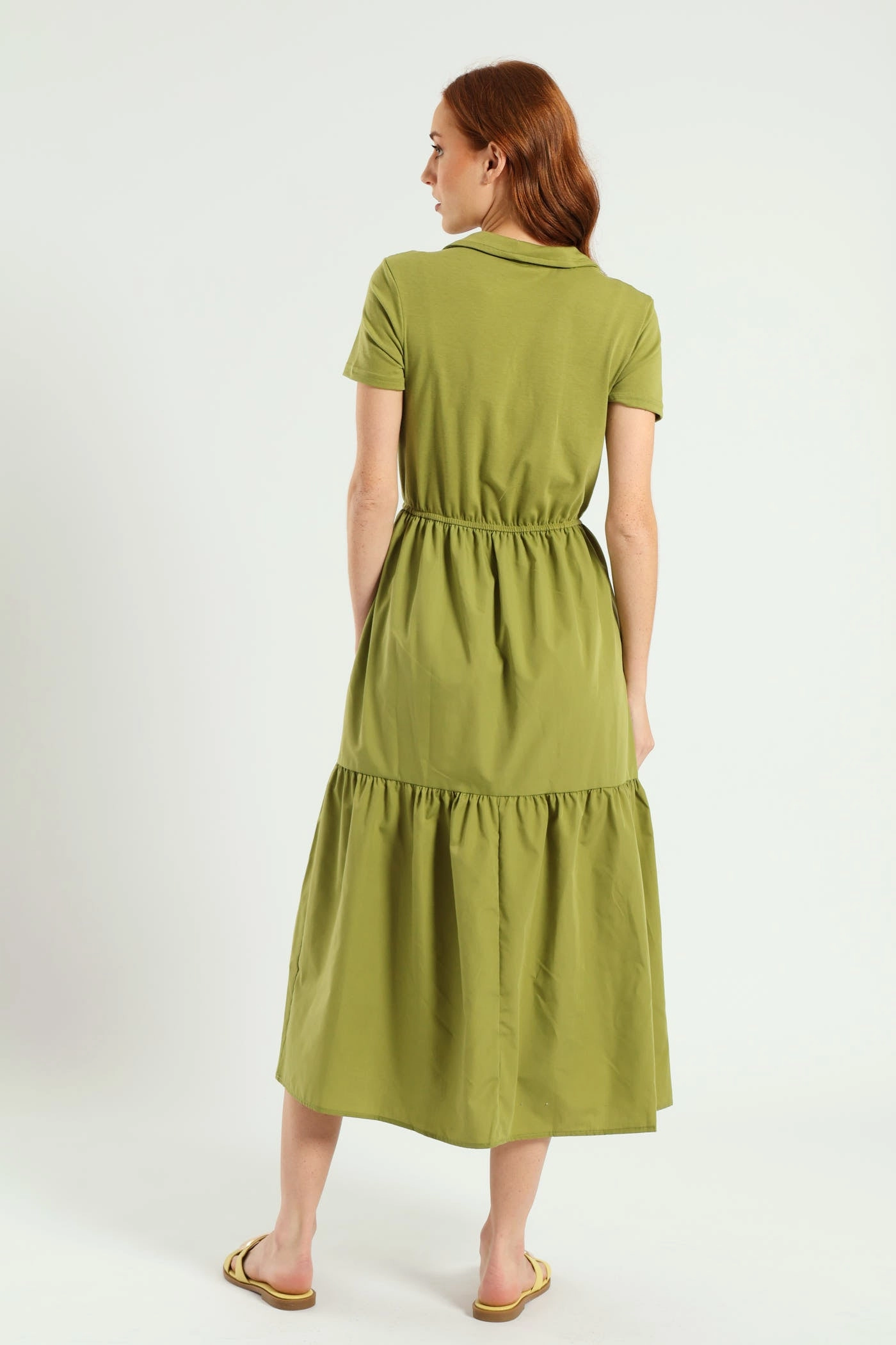 Jonny Collar Tiered Cotton Combo Midaxi Dress - Olive Comfy and Chic BreathableLining