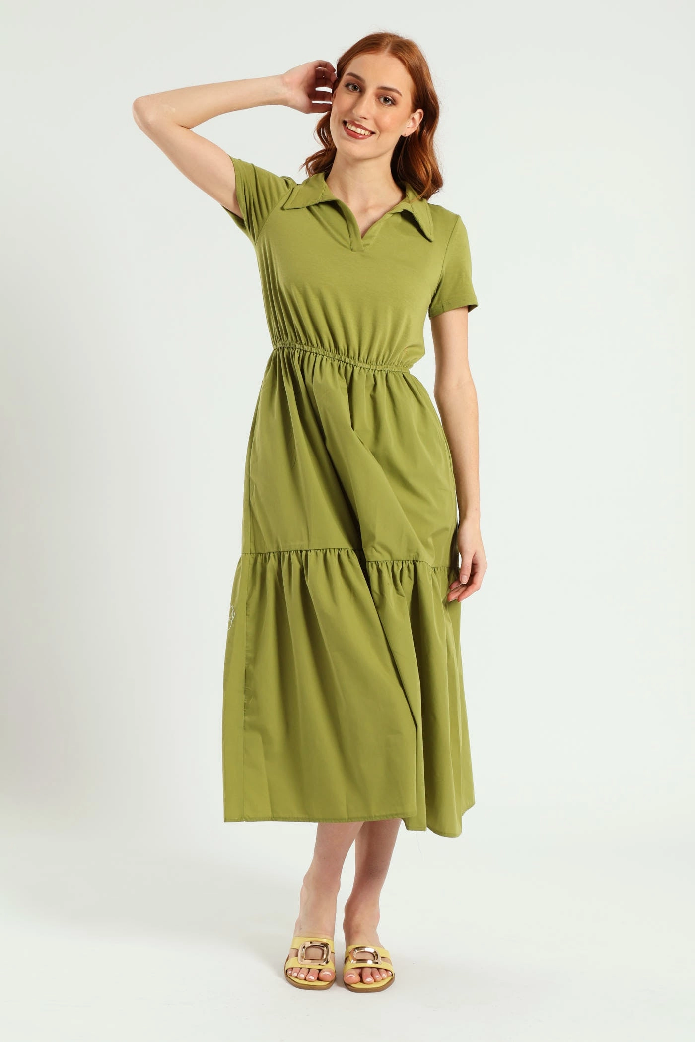 Fitted waist Classic Move Jonny Collar Tiered Cotton Combo Midaxi Dress - Olive