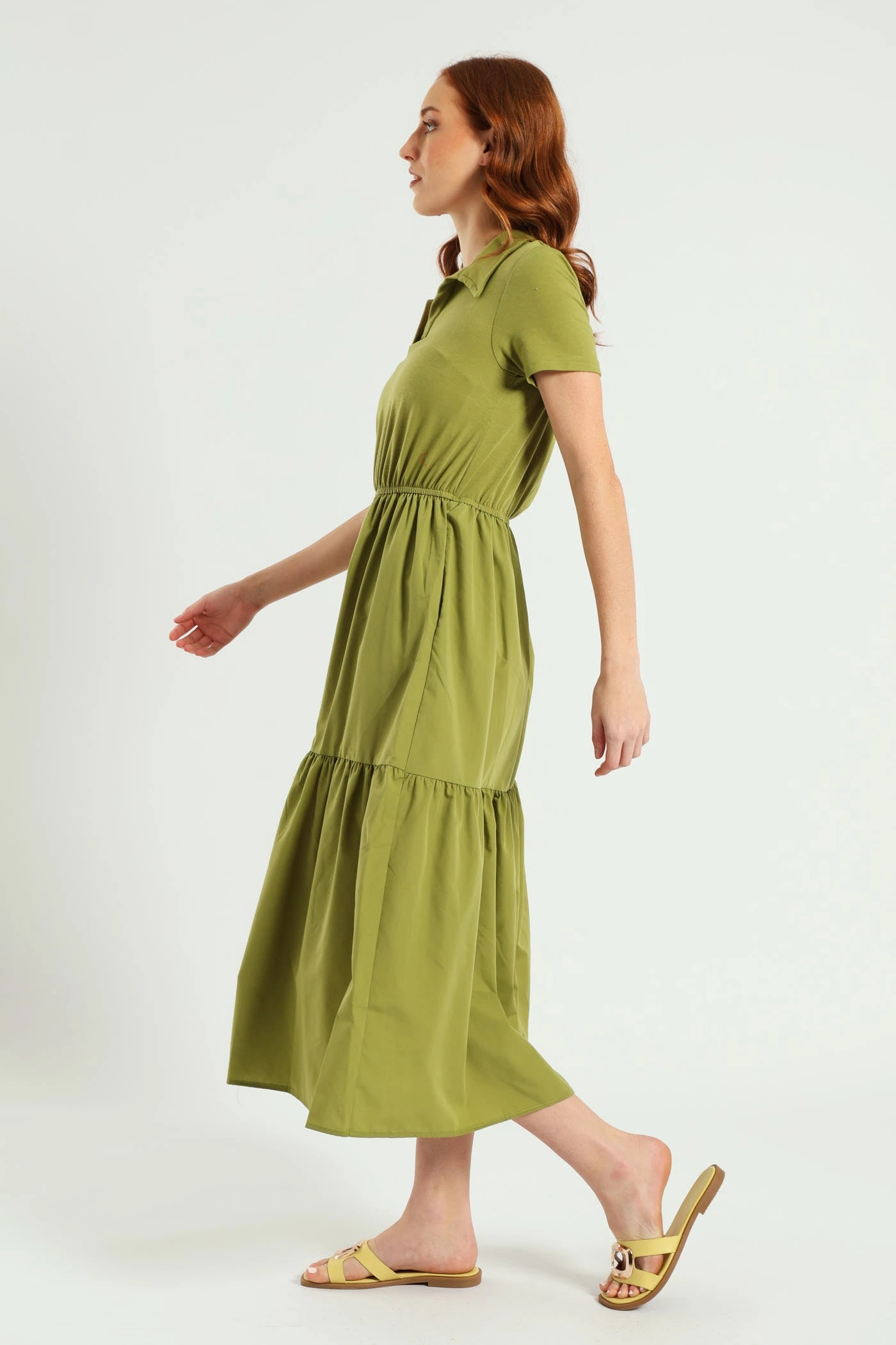 Soft Stitch Festive Mood Jonny Collar Tiered Cotton Combo Midaxi Dress - Olive