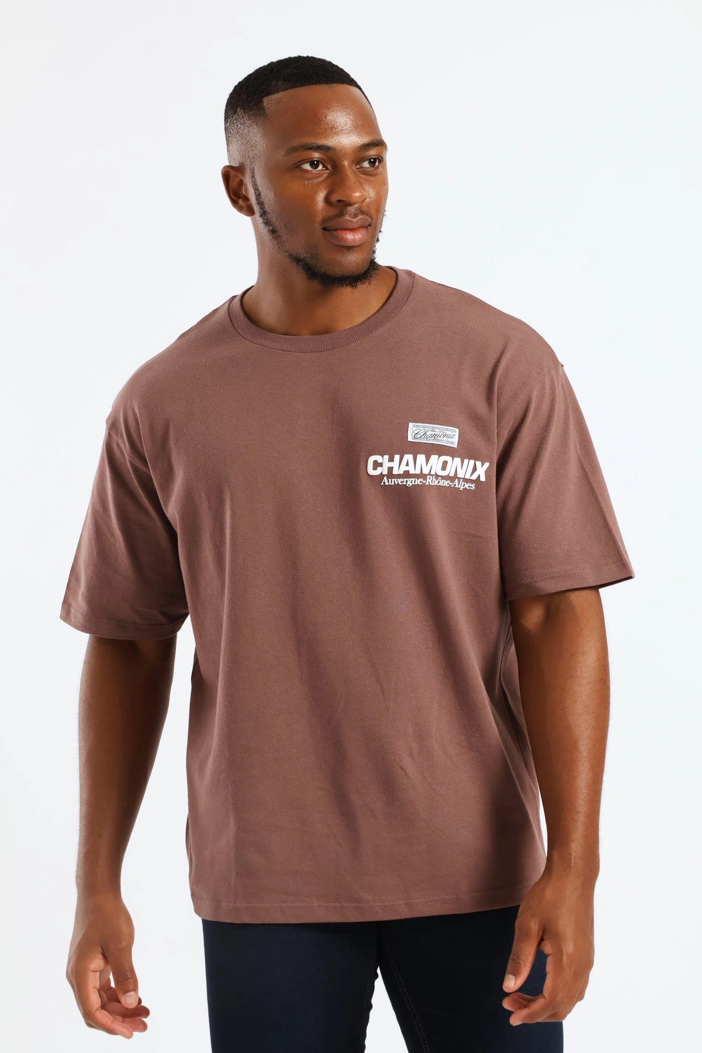 Pepper Corn Chamonix Puff Print Oversized Tee - Brown Simple Wear Non Restrictive Fit