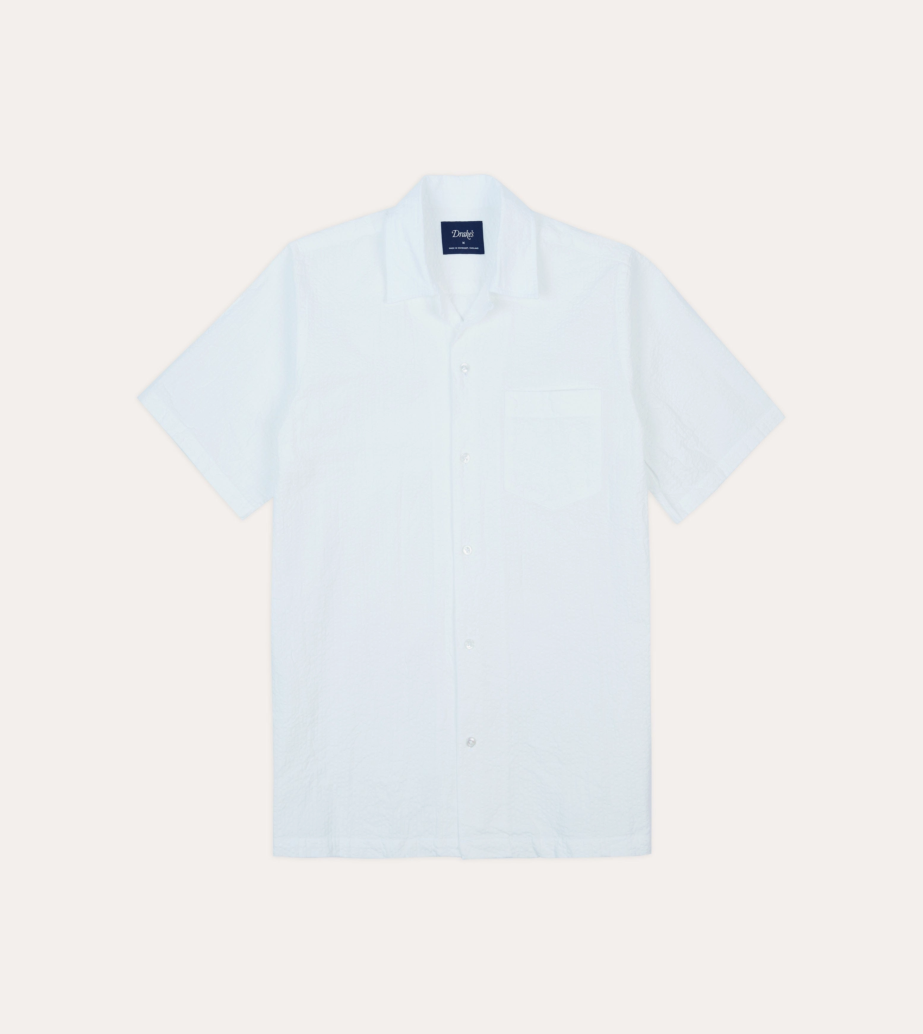 slim cut White Cotton-Linen Seersucker Camp Collar Short Sleeve Shirt