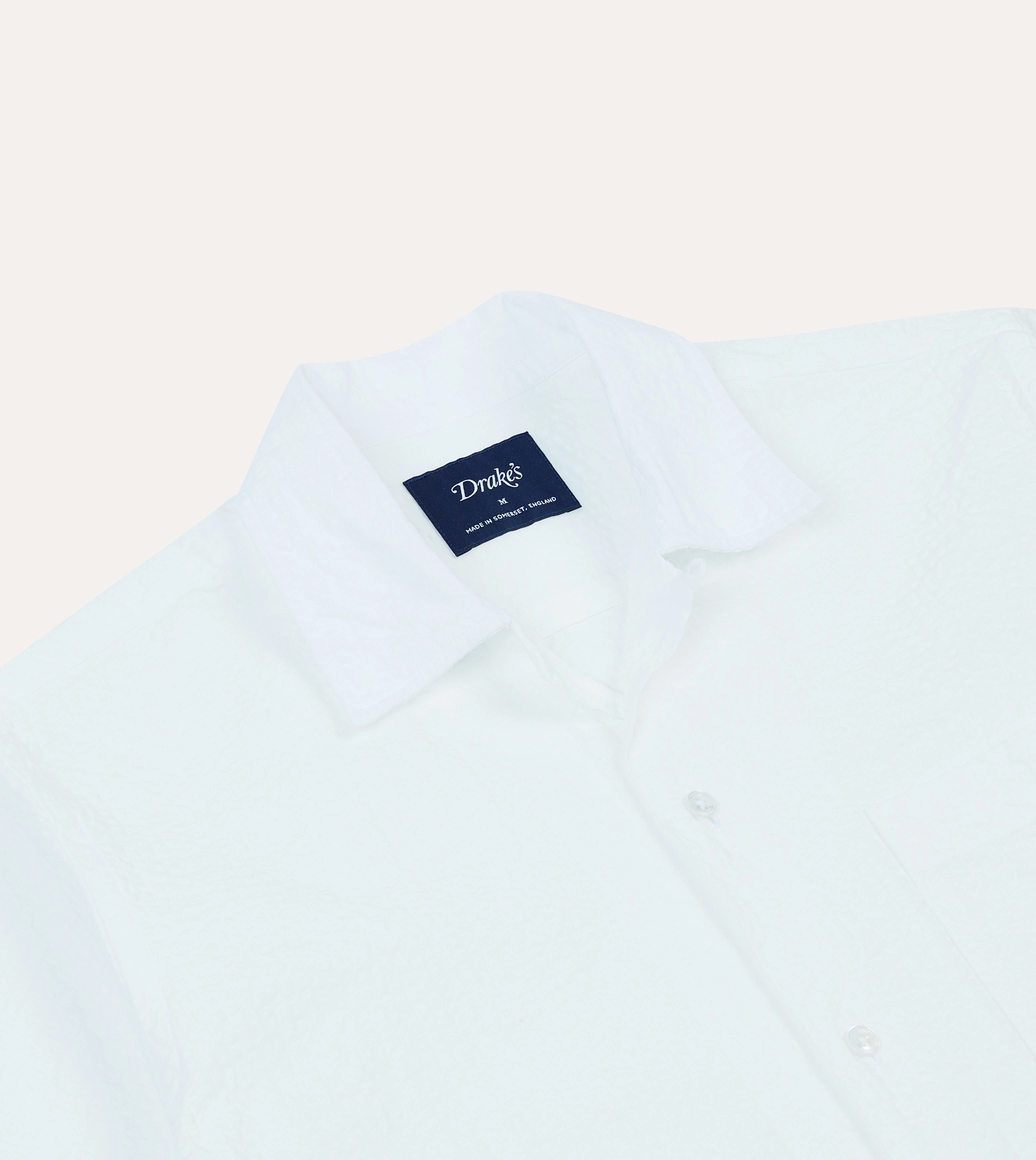 White Cotton-Linen Seersucker Camp Collar Short Sleeve Shirt Double Stitched Hems Modern Fit