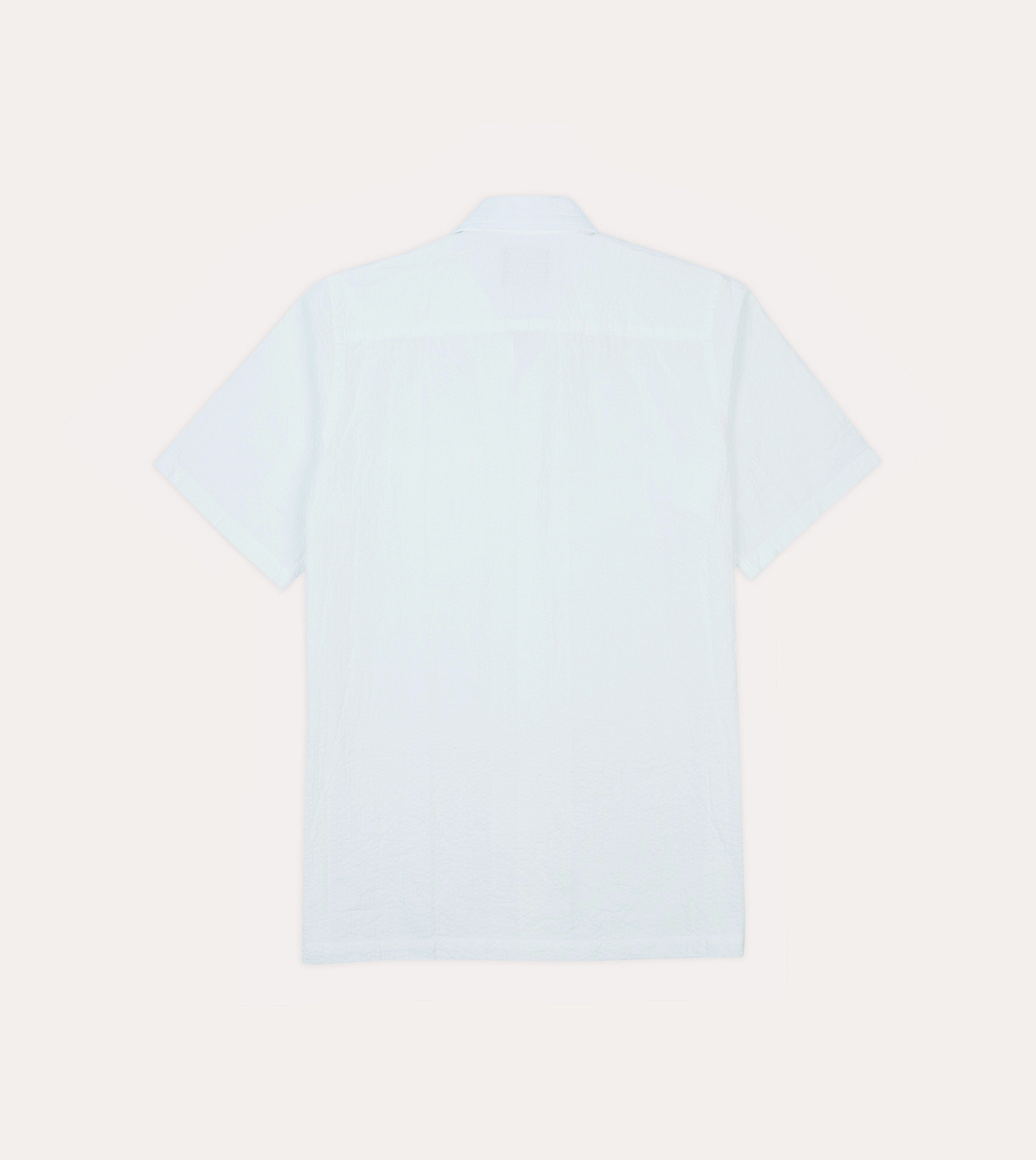 White Cotton-Linen Seersucker Camp Collar Short Sleeve Shirt Premium Quality