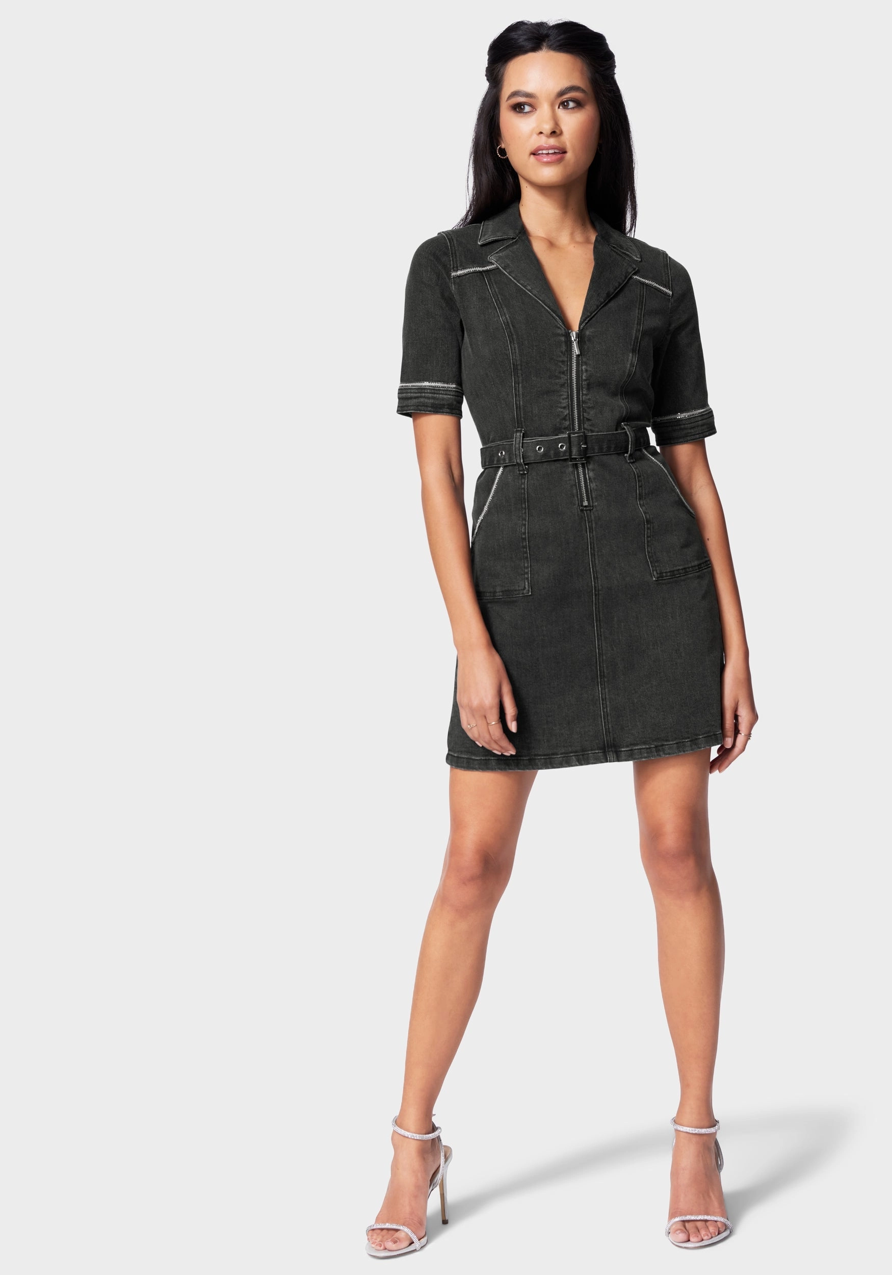 Vibrant Aesthetic Sleek Motion Rhinestone Trim Denim Dress