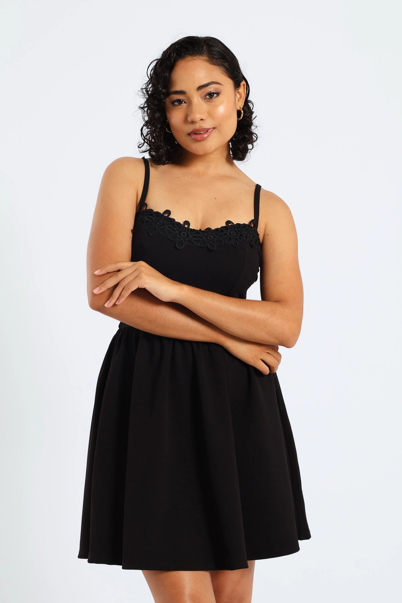 Comfy Fit Wear Soft Contour Asymmetric Ruffle Skirt & Crochet Mini Dress - Black