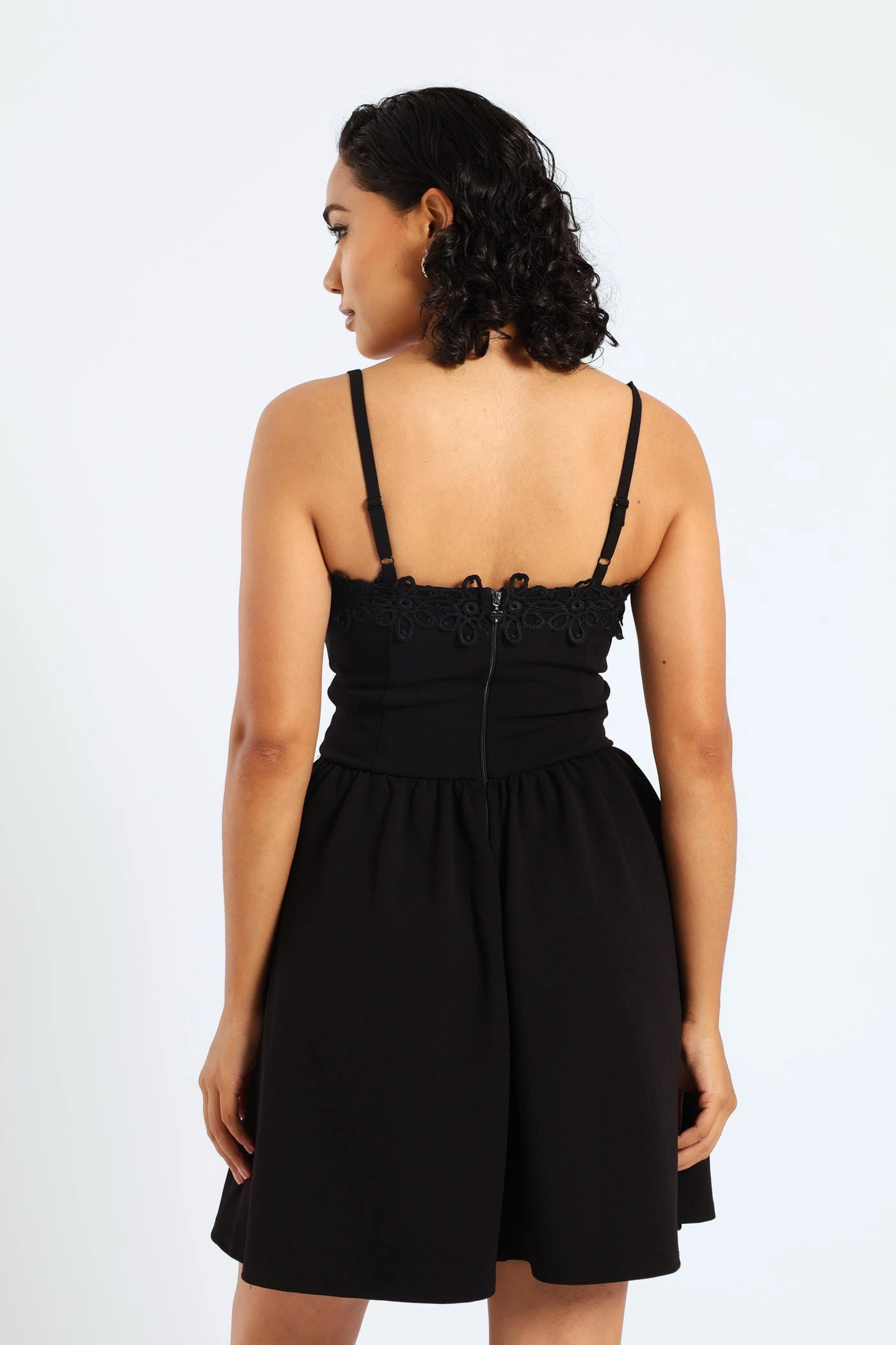 Soft Texture Asymmetric Ruffle Skirt & Crochet Mini Dress - Black