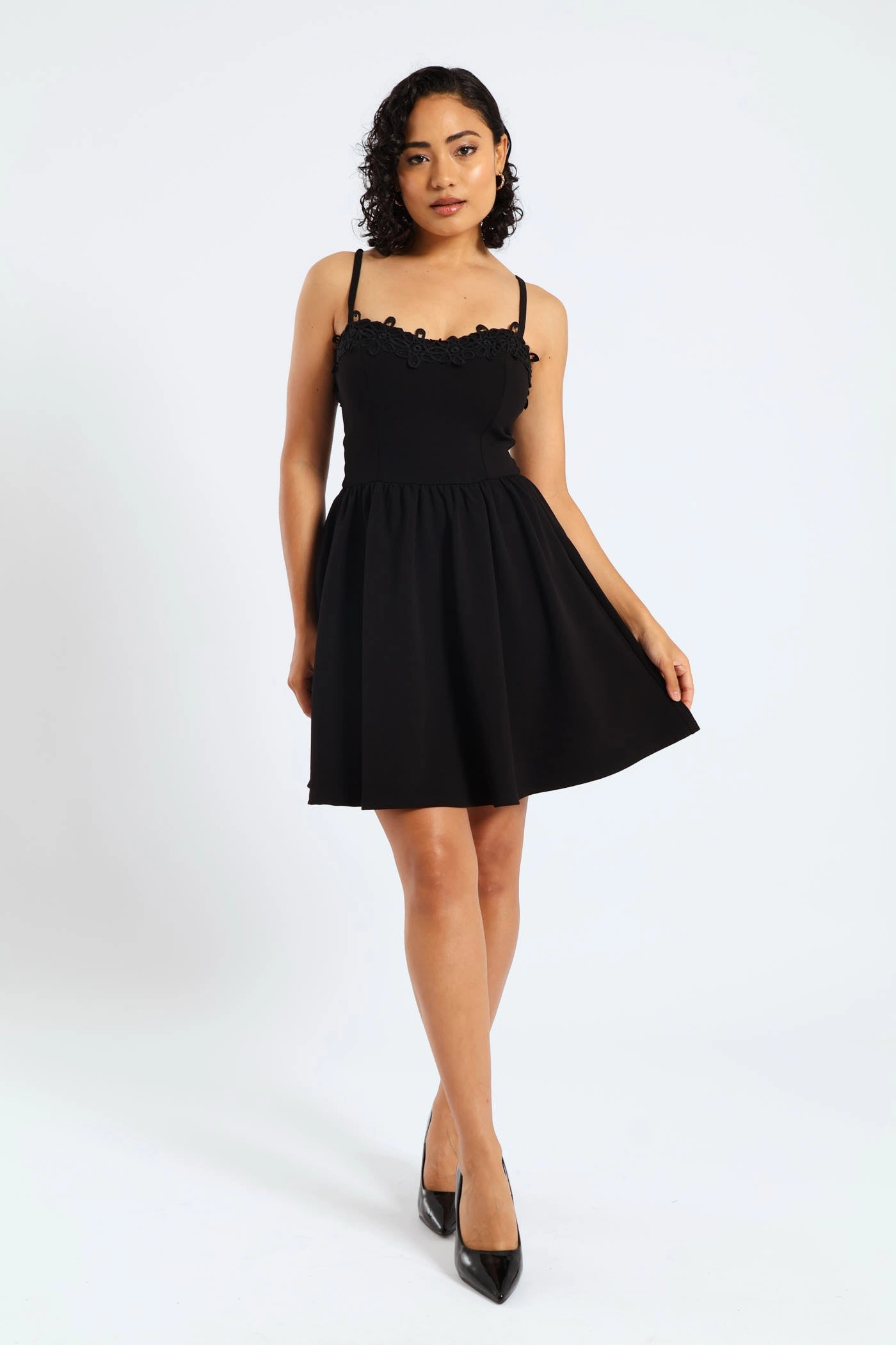 Perfect Look Grace Soft Asymmetric Ruffle Skirt & Crochet Mini Dress - Black
