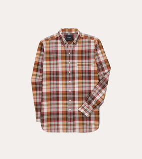 Hidden Placket Brown and Red Madras Check Cotton Button-Down Shirt