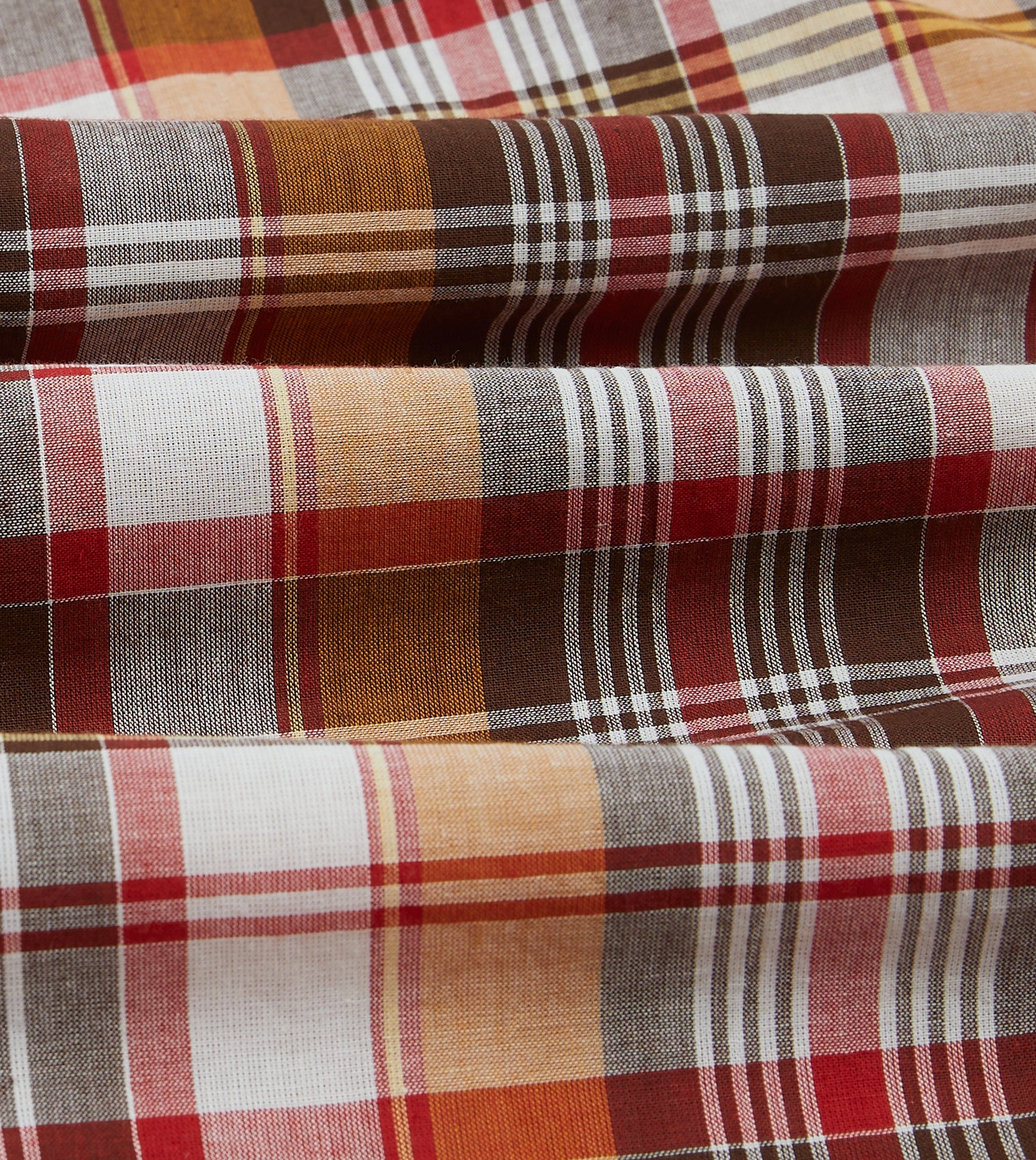 Brown and Red Madras Check Cotton Button-Down Shirt Reinforced Buttonholes
