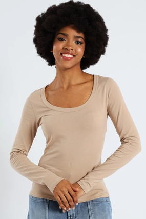 Convertible Neckline Long Sleeve Scoop Neck Basic Top - Stone
