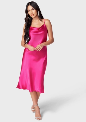 Satin Cowl Neck Slip Midi Dress Flexible Comfort All Daywear