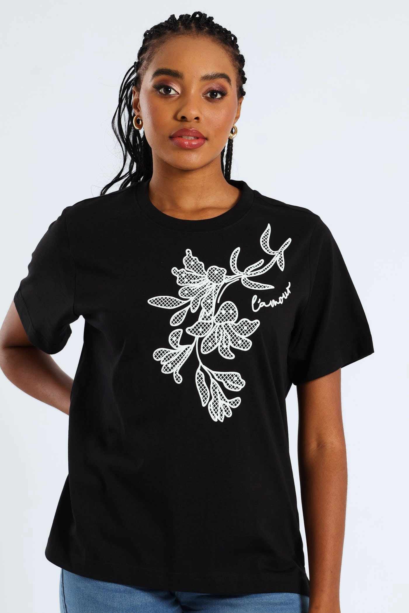 Eco Conscious Packaging Rib Neck Boxy Puff Placement Floral Tee - Black