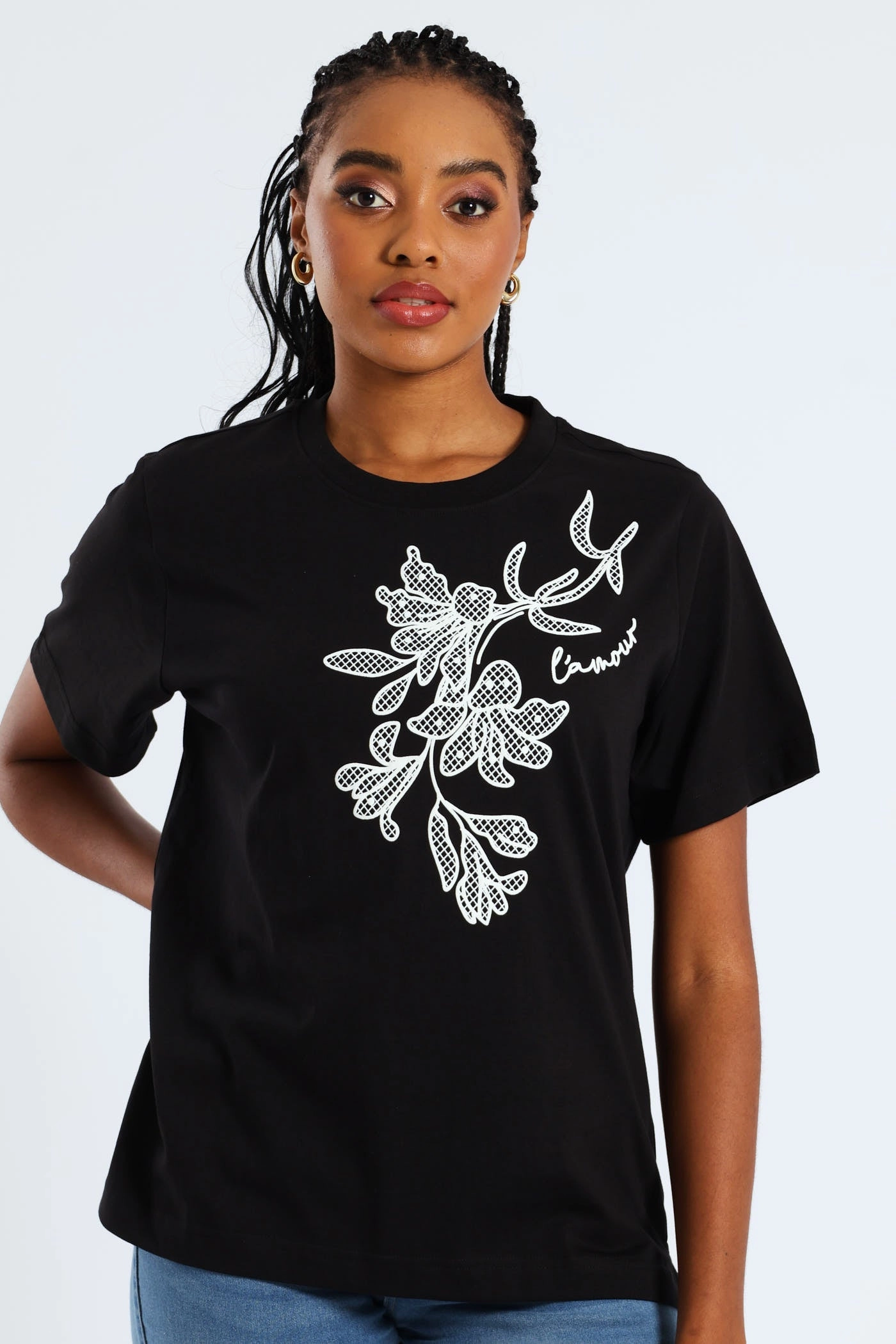 Rib Neck Boxy Puff Placement Floral Tee - Black LightweightFabric EcoCertified Material