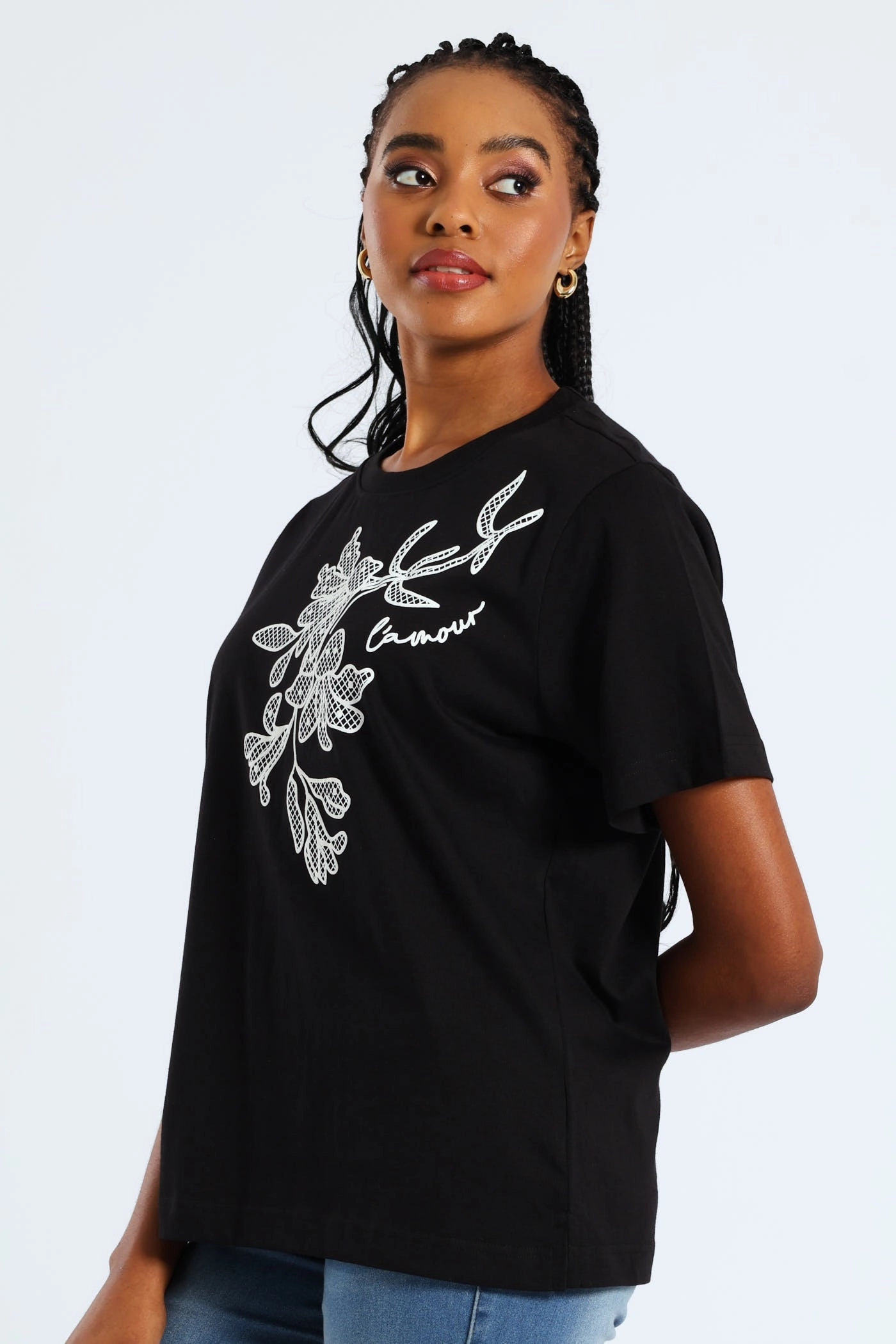 Rib Neck Boxy Puff Placement Floral Tee - Black Loose Tee