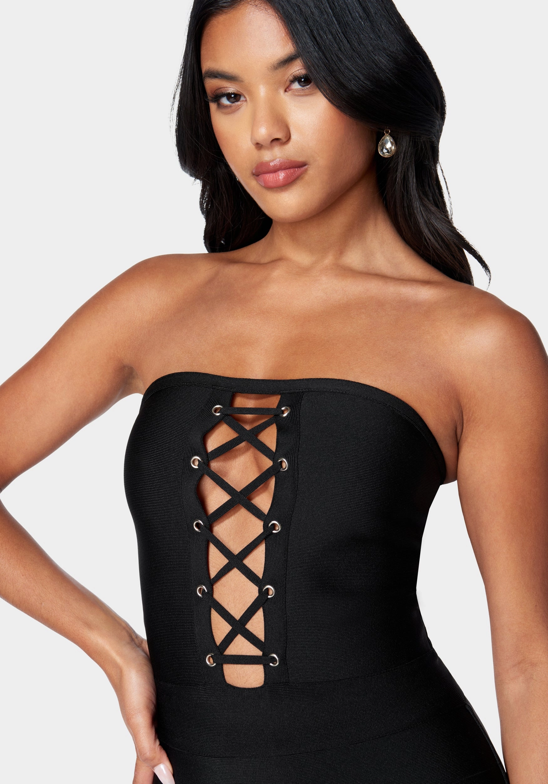 Side Slit Shore Time Bandage Lace-Up Strapless Dress