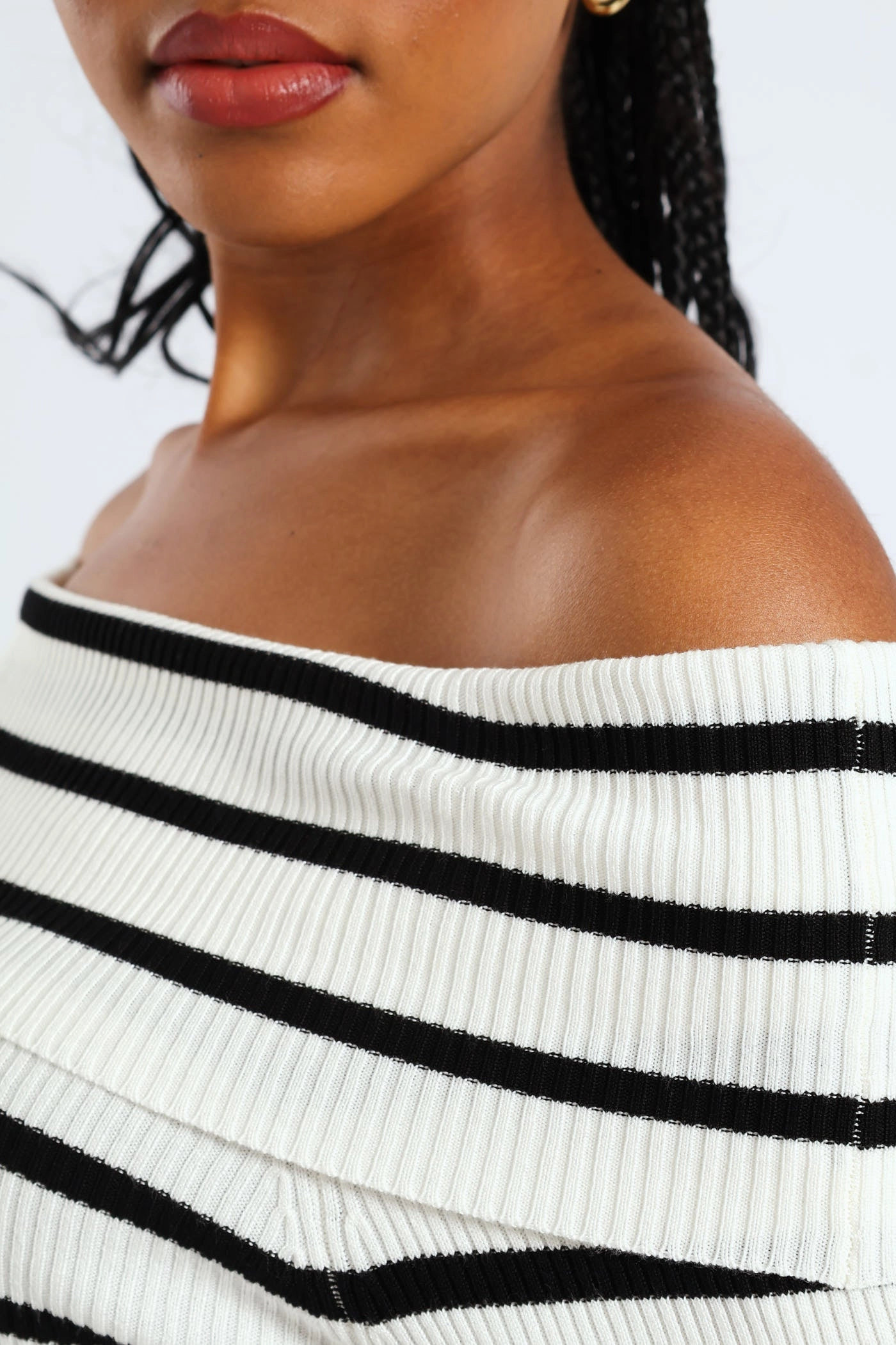 Ribbed Neckline Bardot Stripe Knitwear Top - White/Black