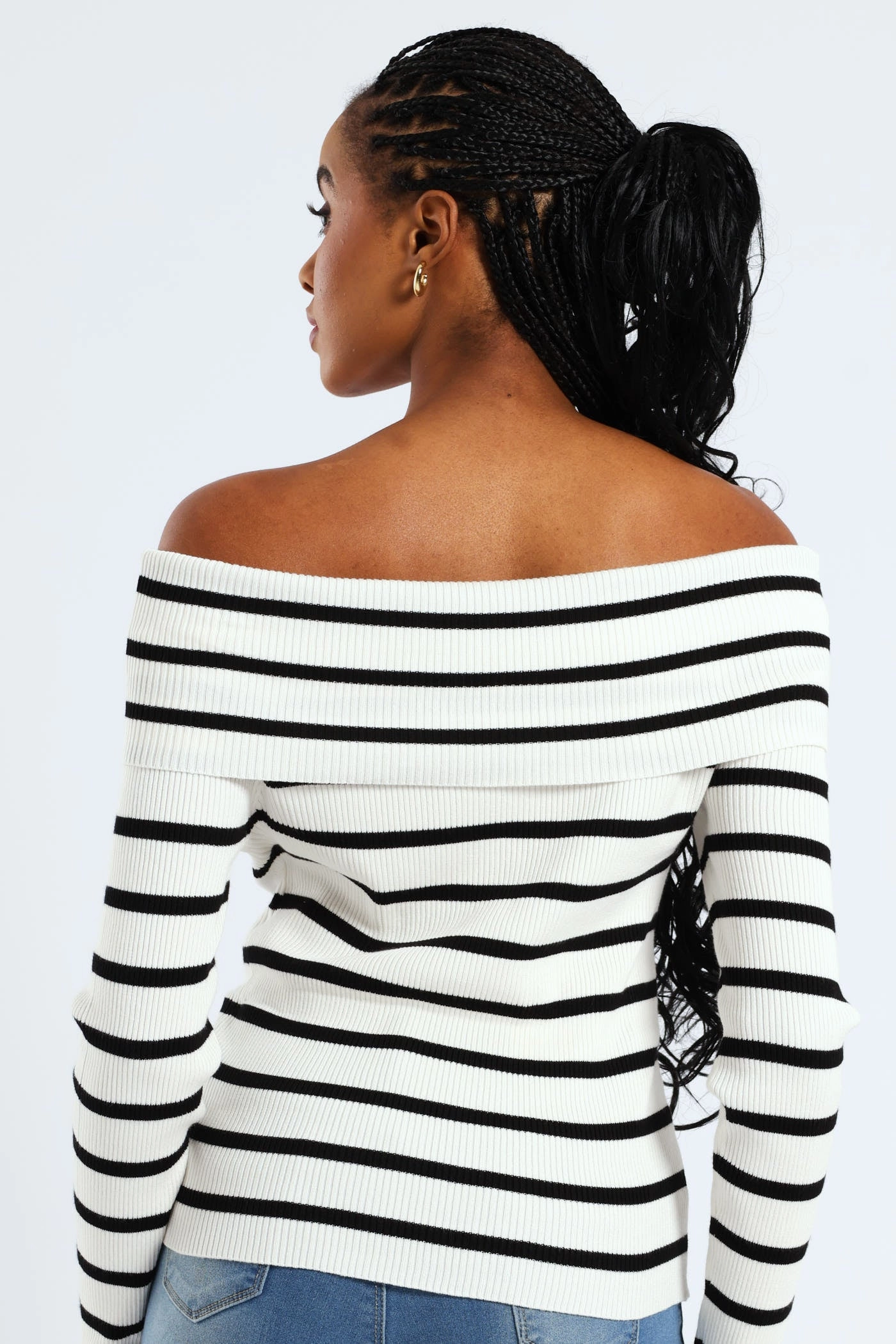 BreathableFabric Loose Blouse Bardot Stripe Knitwear Top - White/Black
